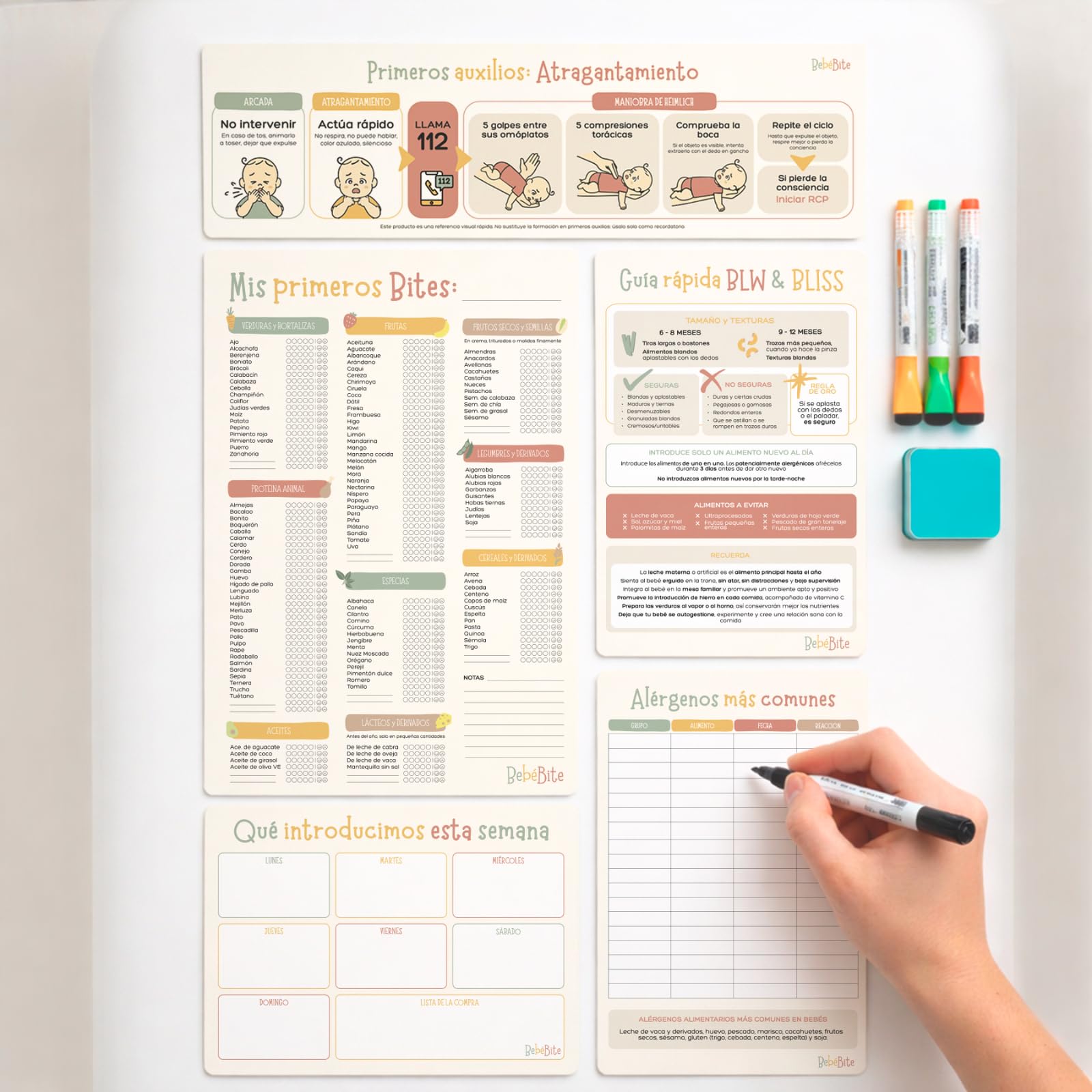Bebébite Set de 5 Pizarras Magnéticas para Nevera Alimentación Complementaria BLW en Español