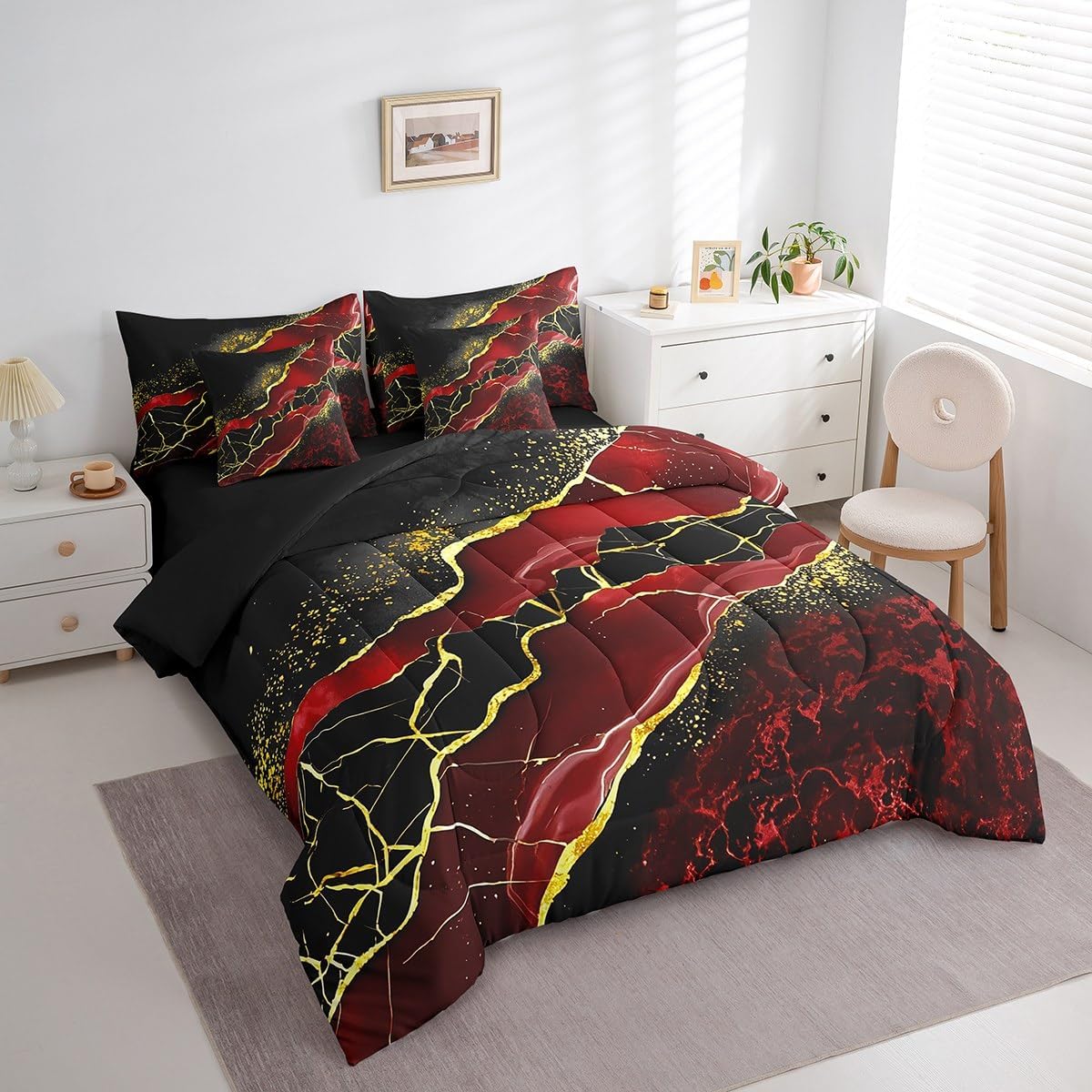Erosebridal 7 Pcs Black Red Golden Marbling Crack Bed Set Queen Size Marble Comforter for Women Adults,Fluid Aesthetic Abstract Sheet Set Bed in A Bag Art Shiny Galaxy Bedroom Decor