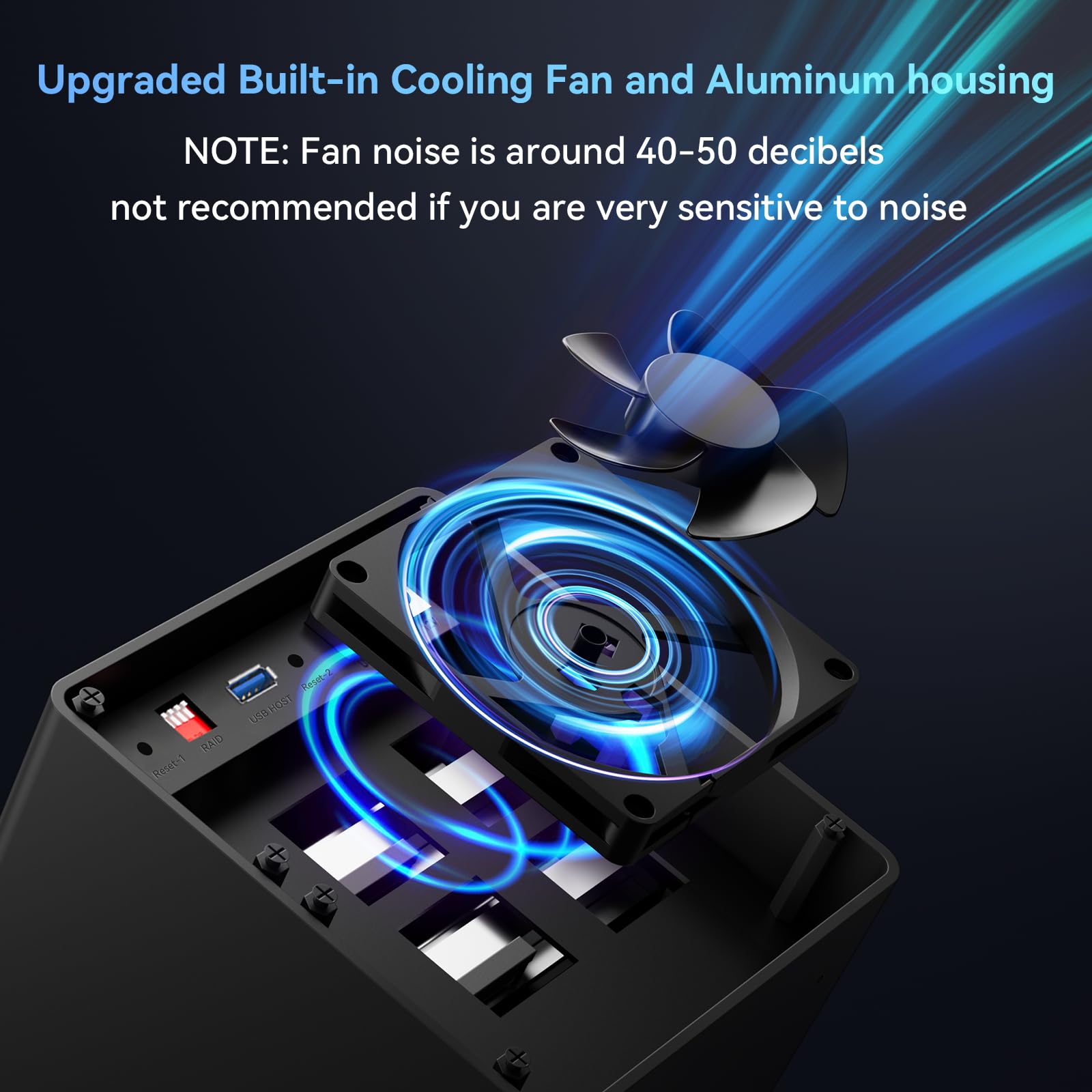CENMATE Caja Disco Duro de Aluminio, Caja Raid 2x2 Bahía con Ventilador Soporte SATA HDD/SSD 2.5/3.5 con USB A/C 3.0, Carcasa HDD Sin Herramientas, 4 Modos Raid