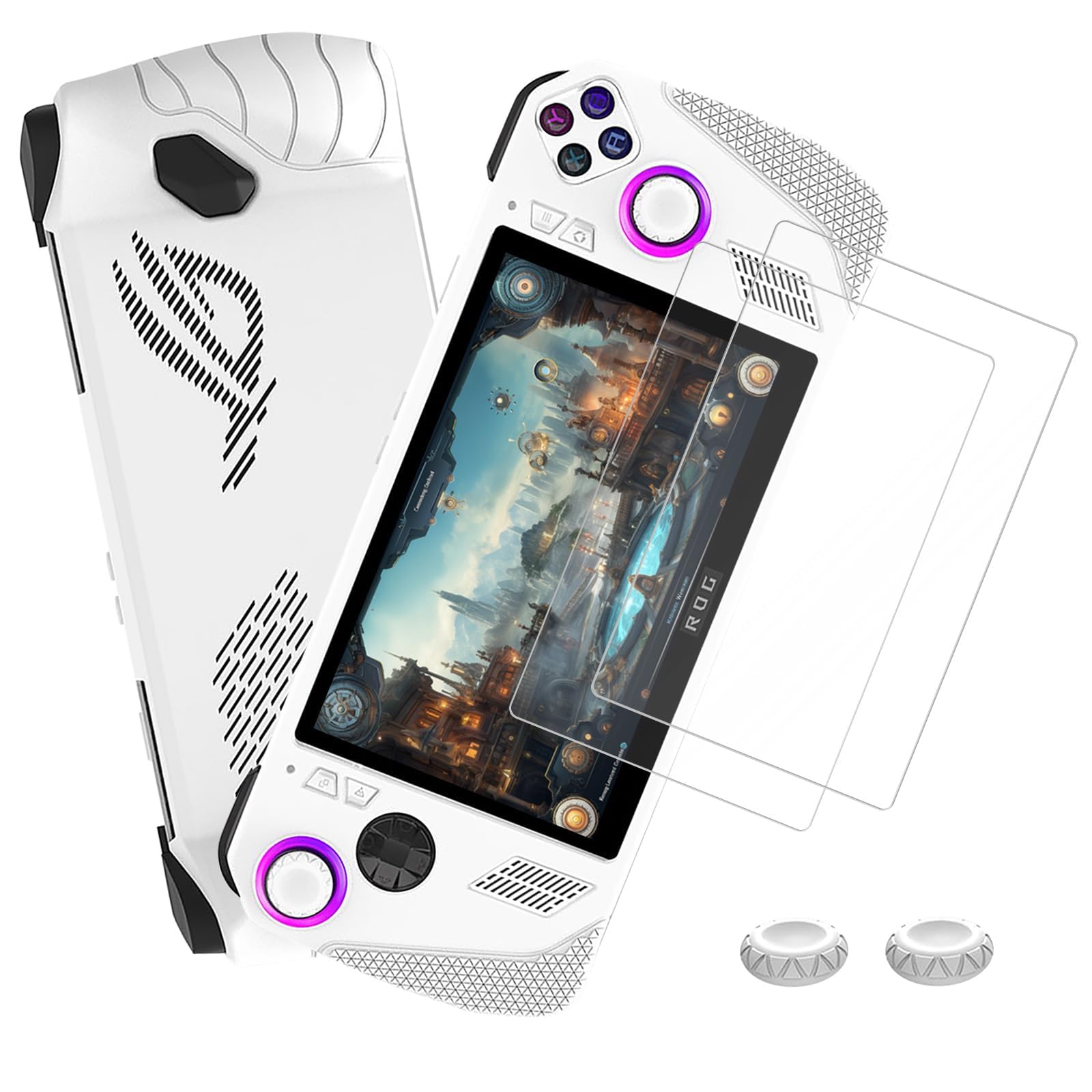 YOITS [5 in 1] Silicone Case for ASUS ROG Ally with 2 Thumb Grip Caps and 2 Pack Screen Protectors, Handheld Game Console Cover Protector Case Enhance Your Gaming Experience (White)