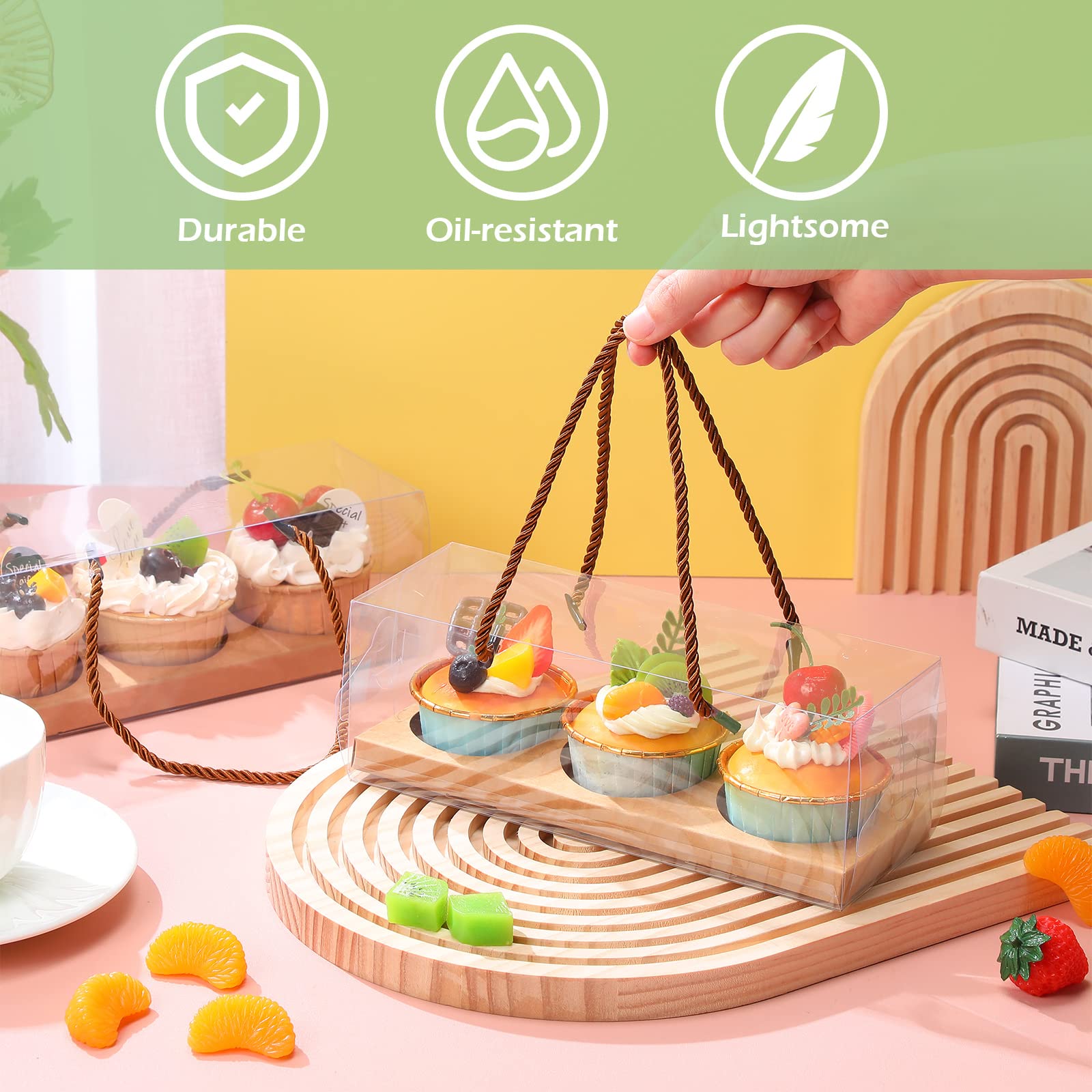 Brown Clear Cupcake Boxes - 20 Pack with Handles -5