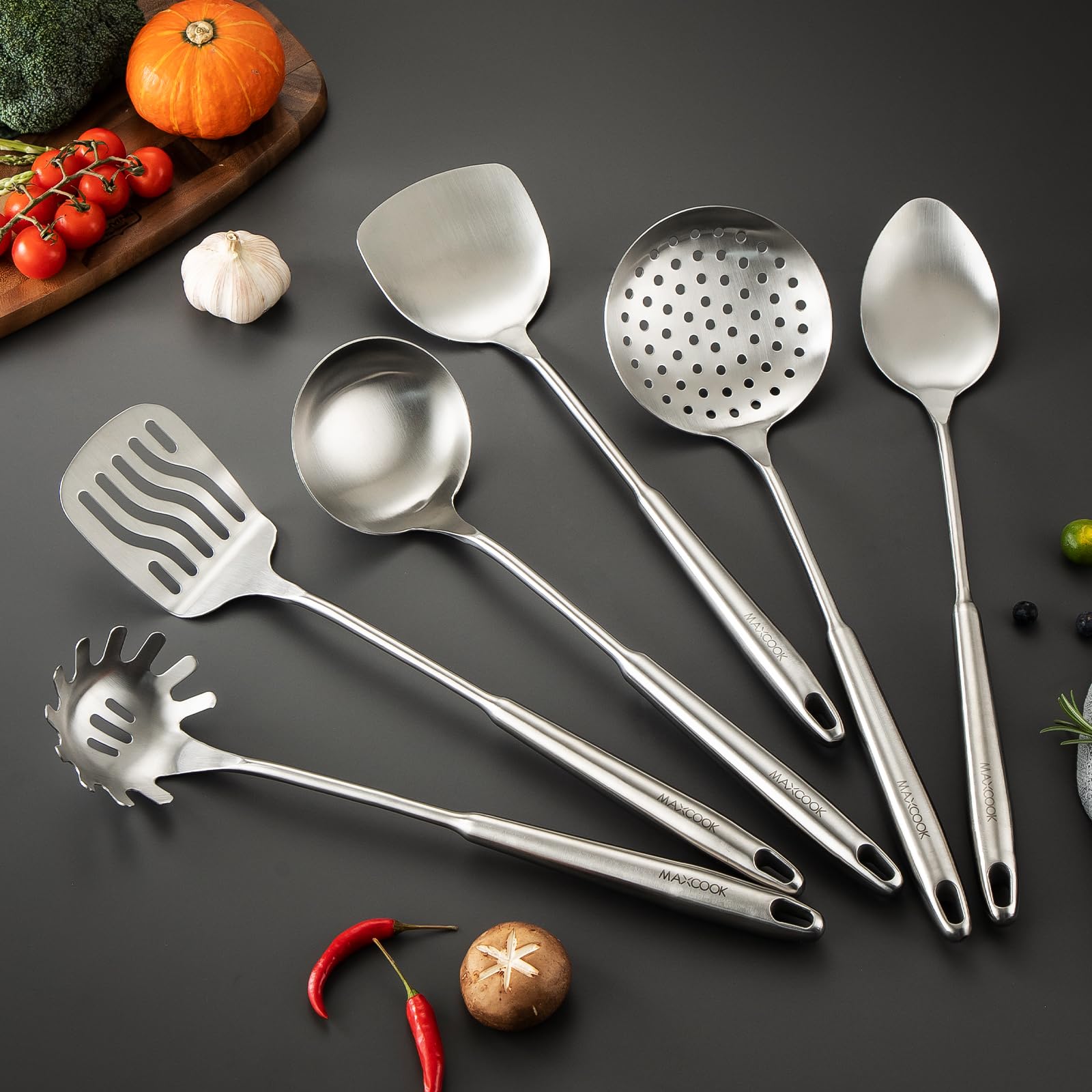 Edelstahl-Kochutensilien-Set, 18/8 Edelstahl, Küchenutensilien-Set, 7-teiliges Kochgeschirr-Set mit drehbarem Halter, hitzebeständiger Edelstahl-Kochlöffel (spülmaschinenfest)