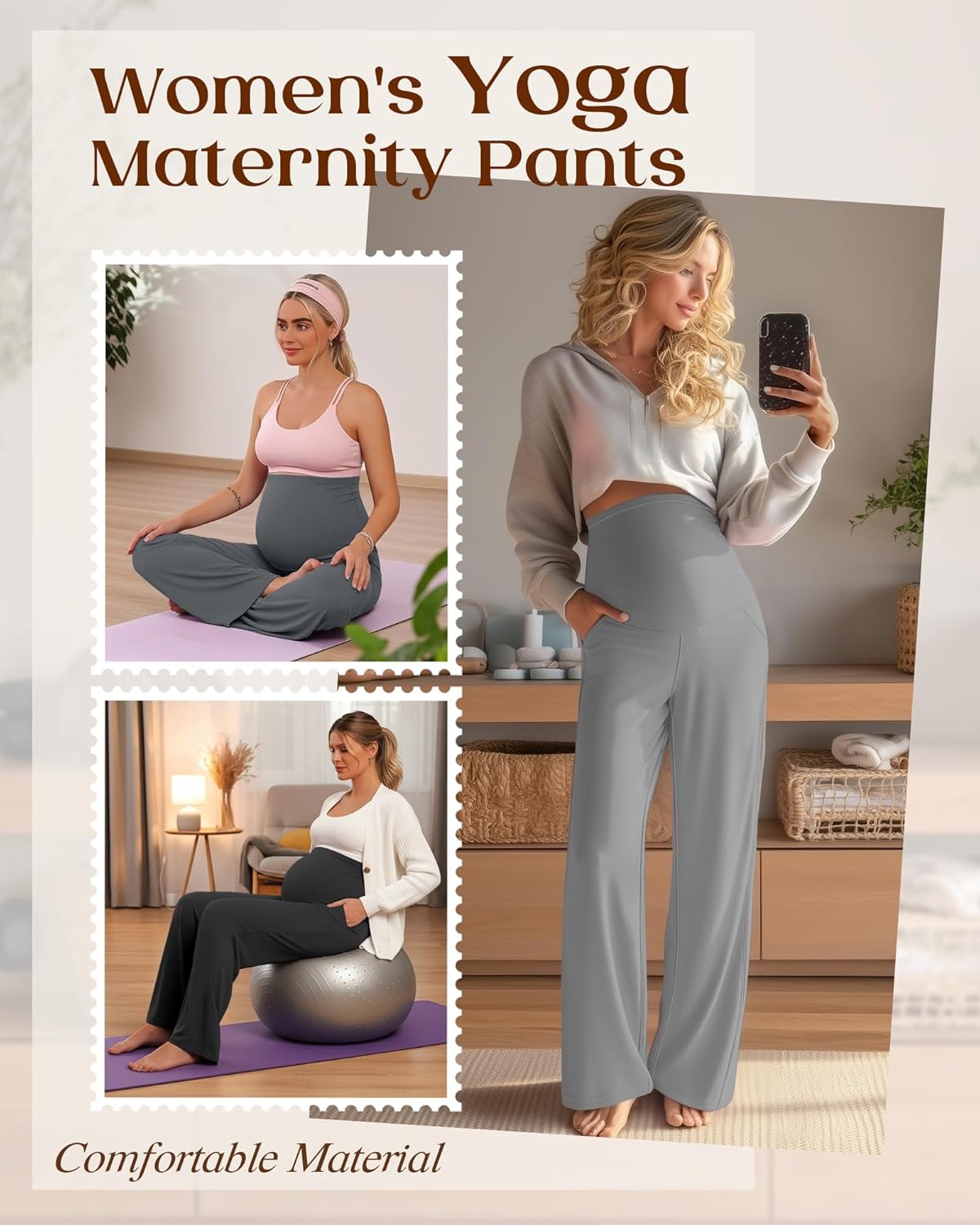 3 Pack Women's Maternity Yoga Pants Over The Belly Pregnancy Pants Wide Leg Lounge Trousers with Pockets - Image 2