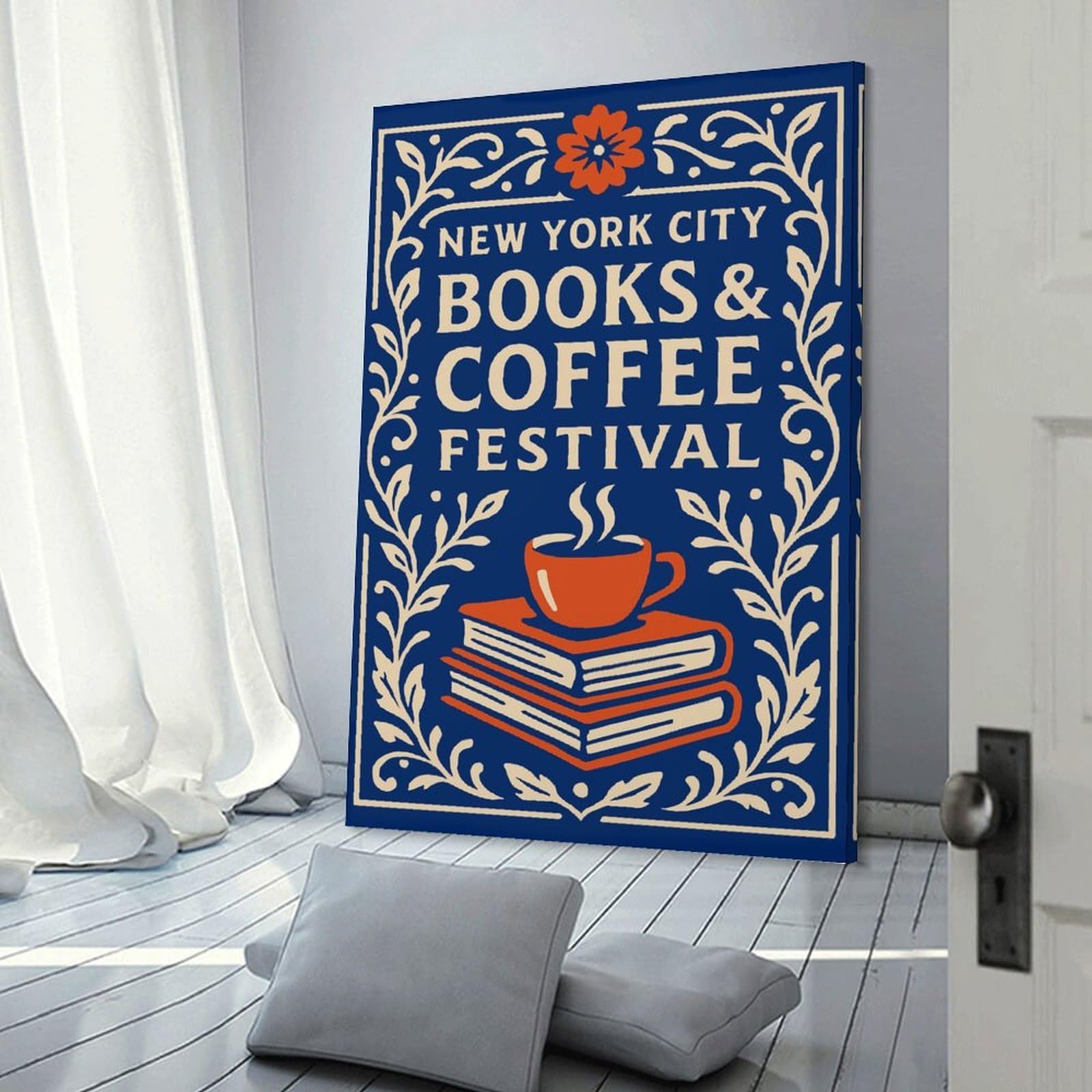 Junmoney Canvas Wall Decor New York City Books & Coffee Festival, 20x30inch(50x75cm), for Flats, Guest Rooms Or Compact Rooms, Wall Decor with Flexible Room Appeal