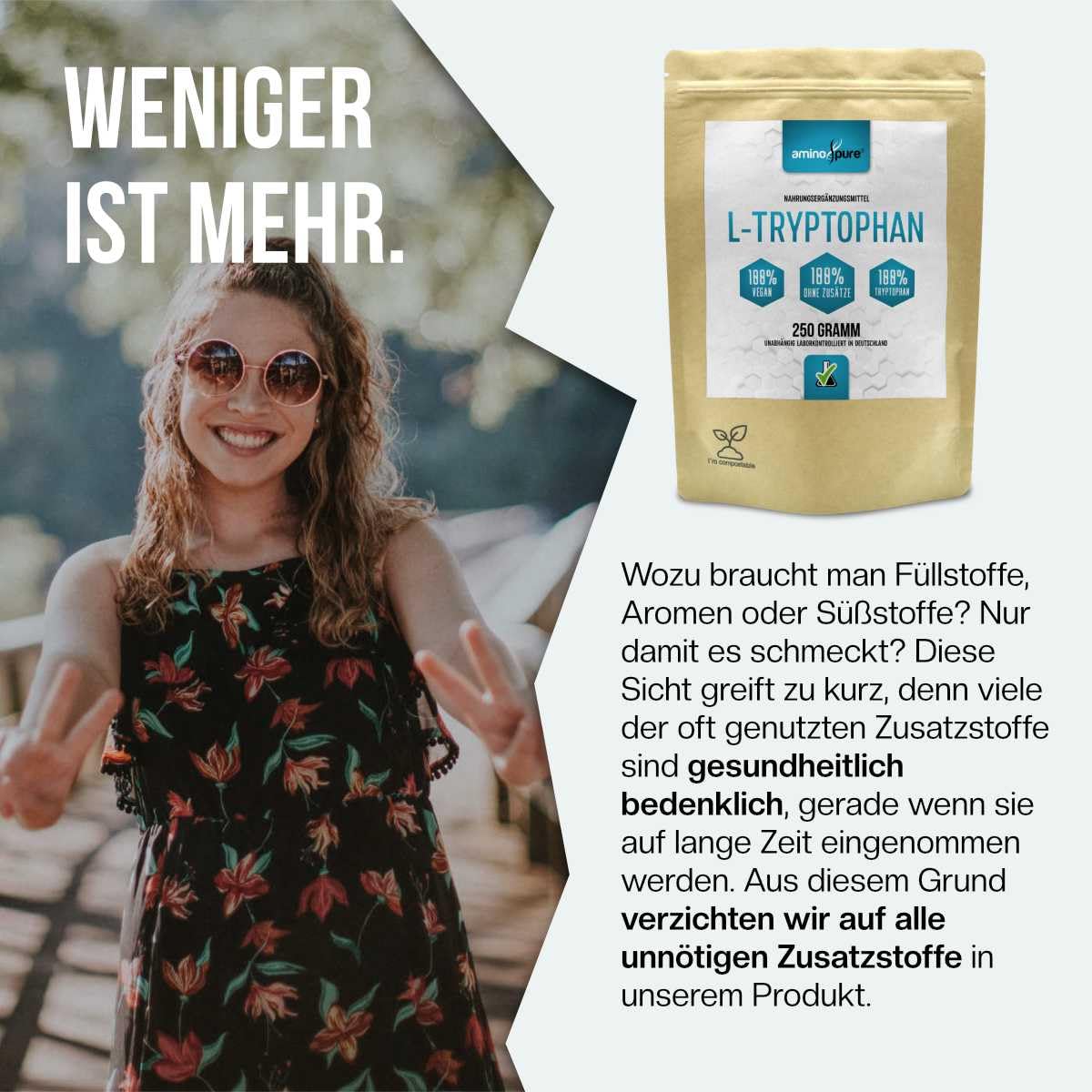 L-Tryptophan Pulver pur | per Fermentation aus Mais gewonnen | 100% vegan und ohne Zusätze | schadstoffgeprüft im Labor | 250 Gramm
