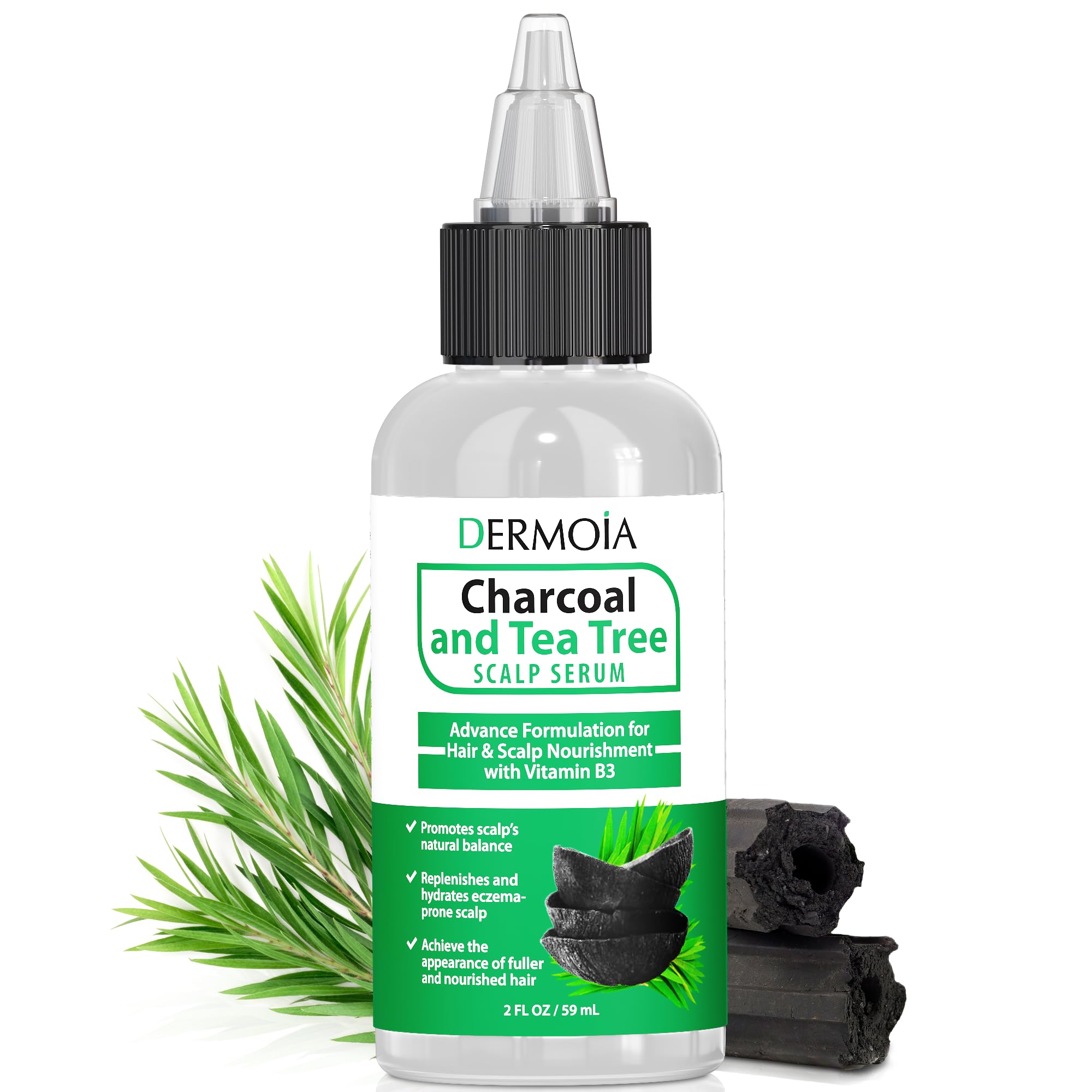 DERMOIA Scalp Serum with Charcoal + Tea Tree - Non GMO Scalp Moisturizer for Dry Itchy Scalp Relief - Fragrance Free Serum with Tea Tree Oil for Scalp