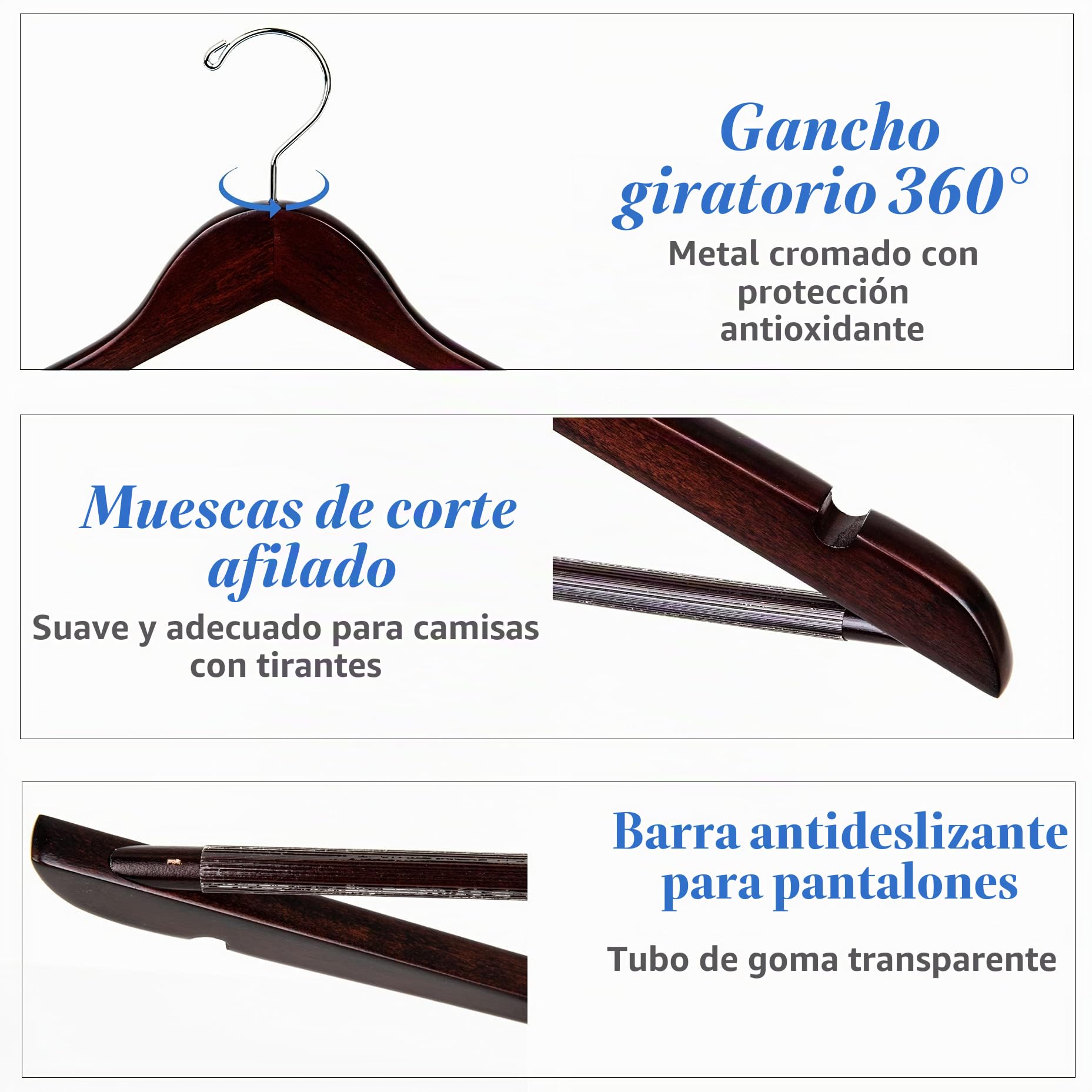 Amber Home Perchas de Madera de Nogal para Vestido de Novia, Perchas para Abrigos, Trajes, Perchas para Pantalones con Barra Antideslizante Acabado Suave, con Muescas Bien Cortadas, Paquete de 20