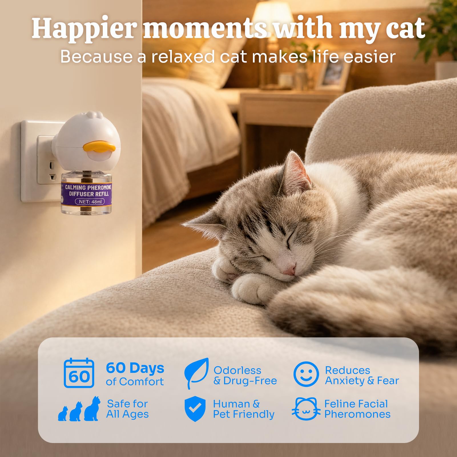 Difusor calmante para gatos de interior: soporte calmante inspirado en feromonas que ayuda a promover un comportamiento relajado y comodidad emocional, difusor enchufable sin medicamentos para uso