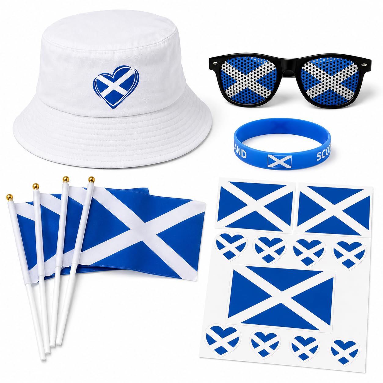 Scotland World Cup 2026 Merchandise Set with Reversible Scotland Bucket Hat, Saltire Sunglasses & Flags - Scottish Fan Gear for Men and Women at Pub, Stadium or Football Party