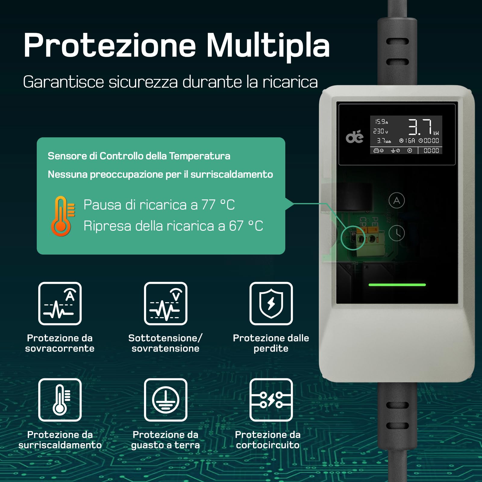dé Cavo Ricarica Auto Elettrica Tipo 2 Schuko 3,7kW [6/8/10/13/16A] Colonnina Ricarica Auto Elettrica con Supporto, Wallbox Compatibile con Model Y/3, e208 e Altri EV/PHEV, Bianco, 6,5m