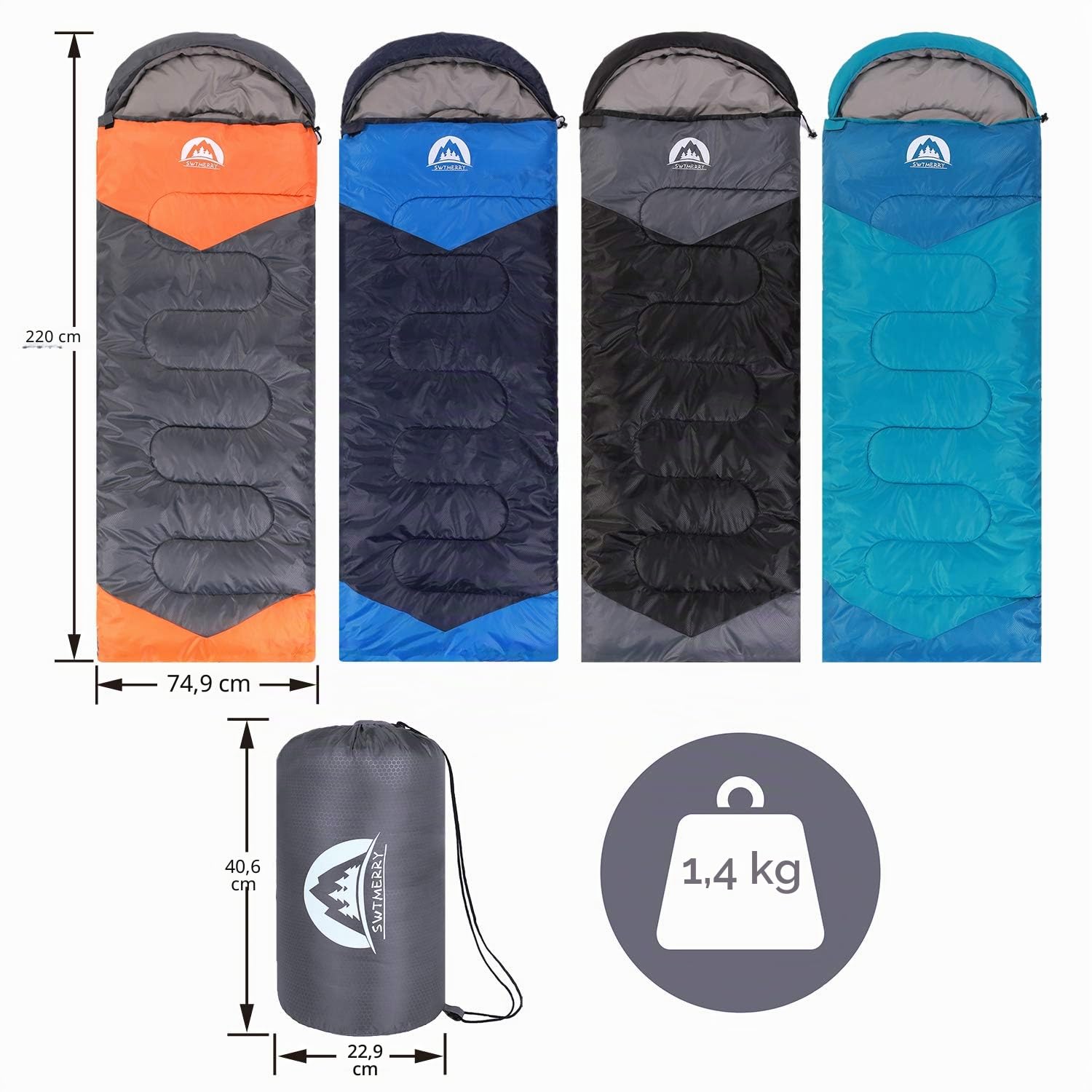SWTMERRY - Schlafsack für 3-4 Jahreszeiten (Sommer, Frühling, Herbst, Winter) warmes und kühles Wetter – leicht, Jugendliche und Erwachsene zum Wandern, Rucksackreisen und Campen.
