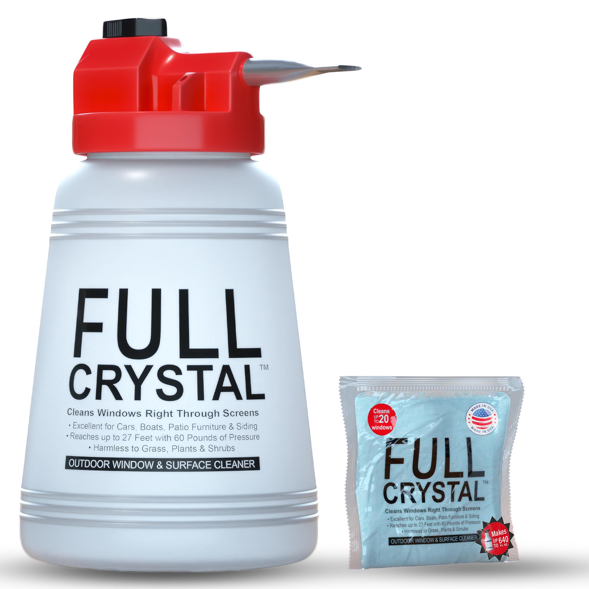 Full Crystal Window Cleaning Kit – 4 oz Glass Cleaner and Bottle with 27 ft Reach, Makes Up to 640 fl oz, Cleans Up to 20 Windows, Scrub-Free, Rinse-Free