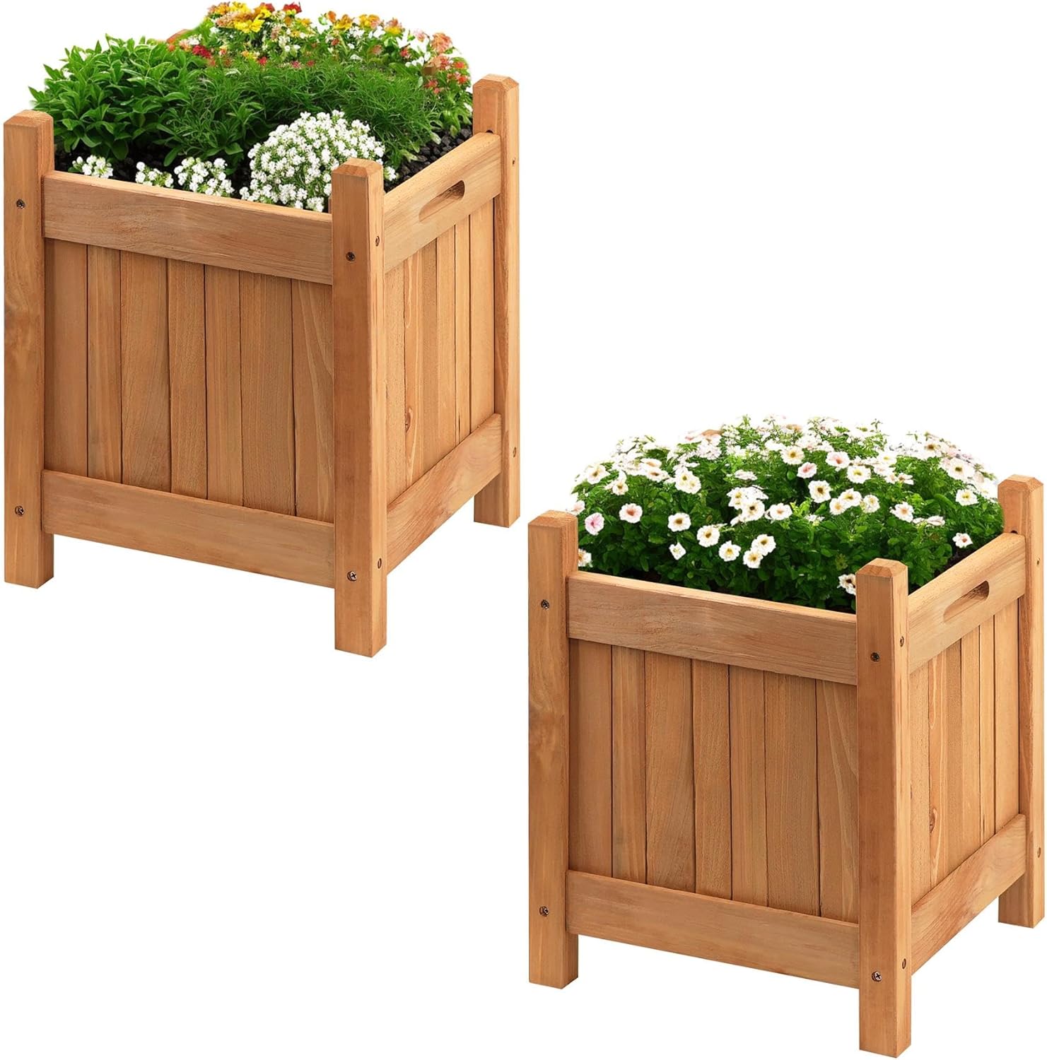 GEEZY Square Wooden Garden Planters Set of 2 – Weather Resistant, Easy Assembly, Carry Handles, Outdoor Flower Pots – Raised Wooden Bed for Growing Flowers, Vegetables, Plants, Herbs