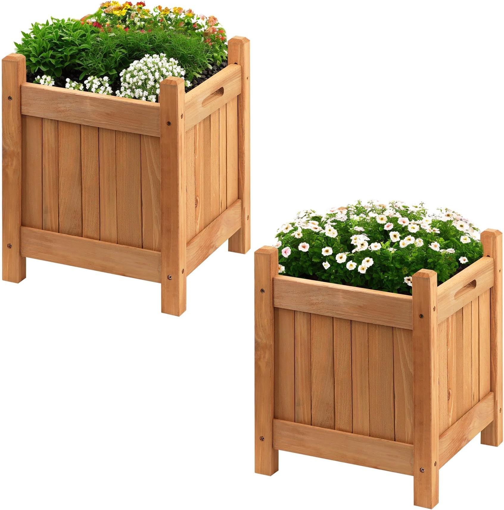 GEEZY Square Wooden Garden Planters Set of 2 - Weather Resistant, Easy Assembly, Carry Handles, Outdoor Flower Pots - Raised Wooden Bed for Growing Flowers, Vegetables, Plants, Herbs