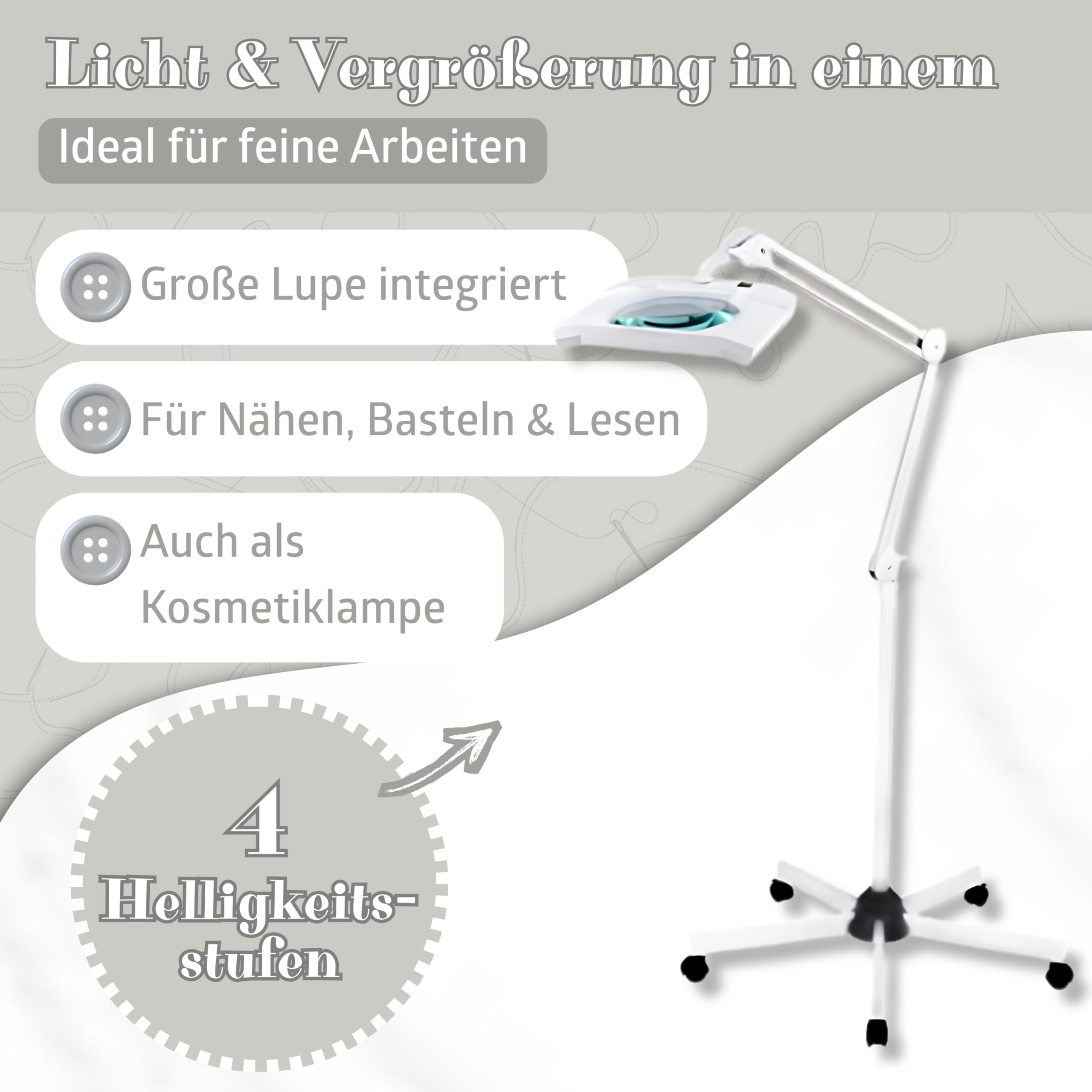 SEMPLIX LED Lupen-Stehlampe 3D weiß (Linse 189 x 157 mm/dimmbar/Standfuß mit Rollen)