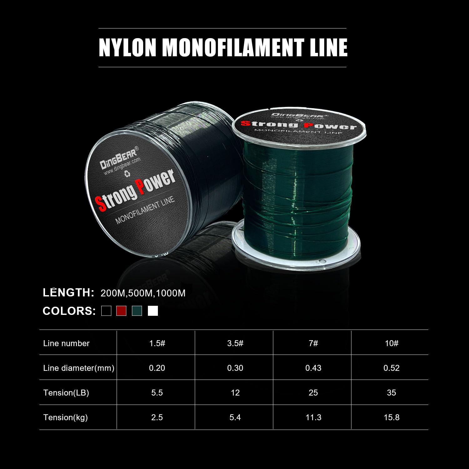 Dingbear Ligne de Pêche en Nylon 200/500/1000M, Monofilament, Fil à Forte Tension, 4 Couleurs, 5-35lb - 3