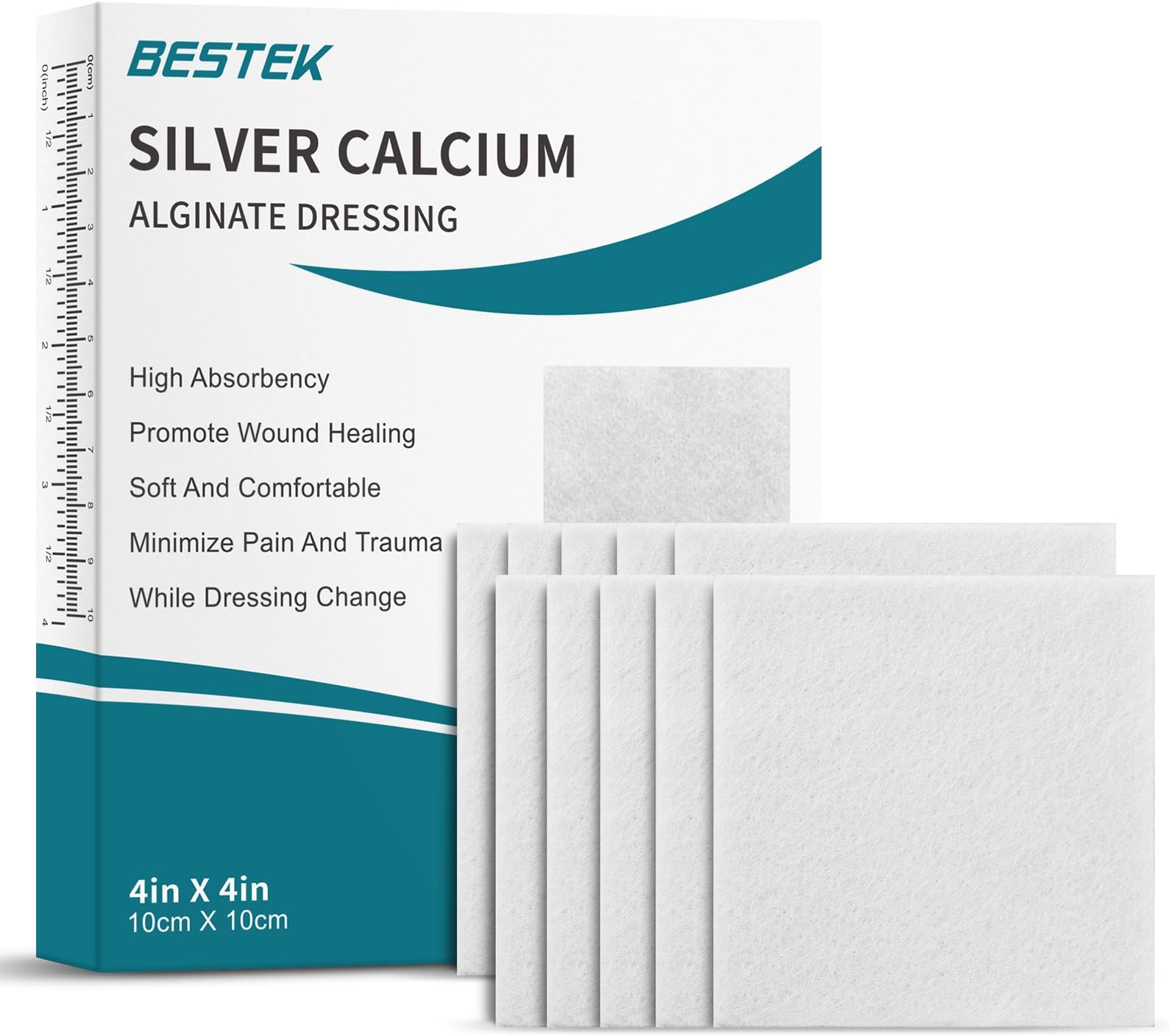 BESTEK AG Silver Calcium Alginate Wound Dressing, 10 Individual Pack, 4'' x 4'' Patches, Soft and Highly Absorbent Dressing Gauze, Non-Stick Padding Gauze Pads for Pressure Ulcer, Bed Sore, Leg Sore
