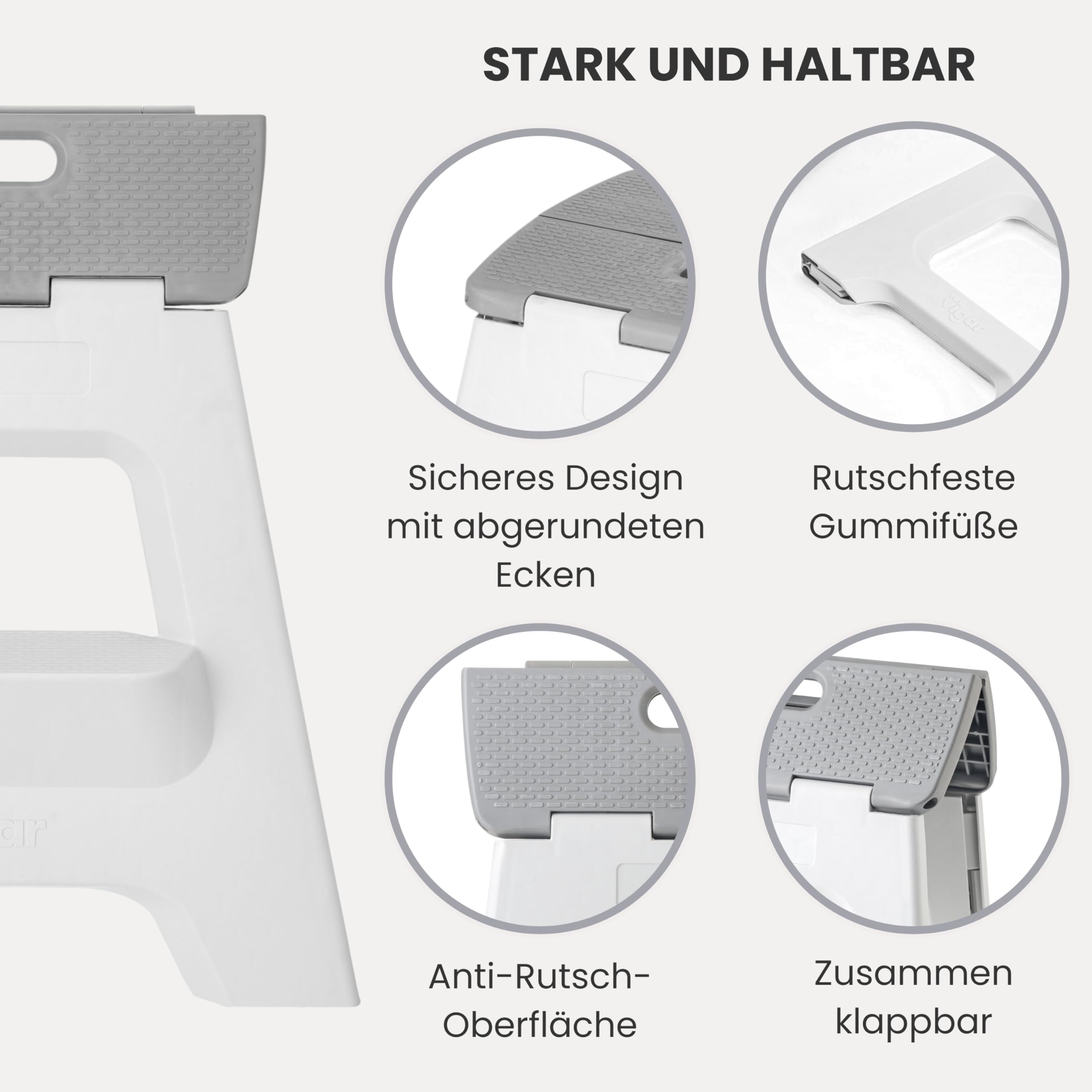 Vigar Kompakte Tritthocker Klappbar für Erwachsene, 40 cm, 2‑Schritt, Klapphocker Faltbar 150 kg rutschfest, Leicht, Hocker Klappbar für Zuhause, Bad, Schlafzimmer, Büro, Grau