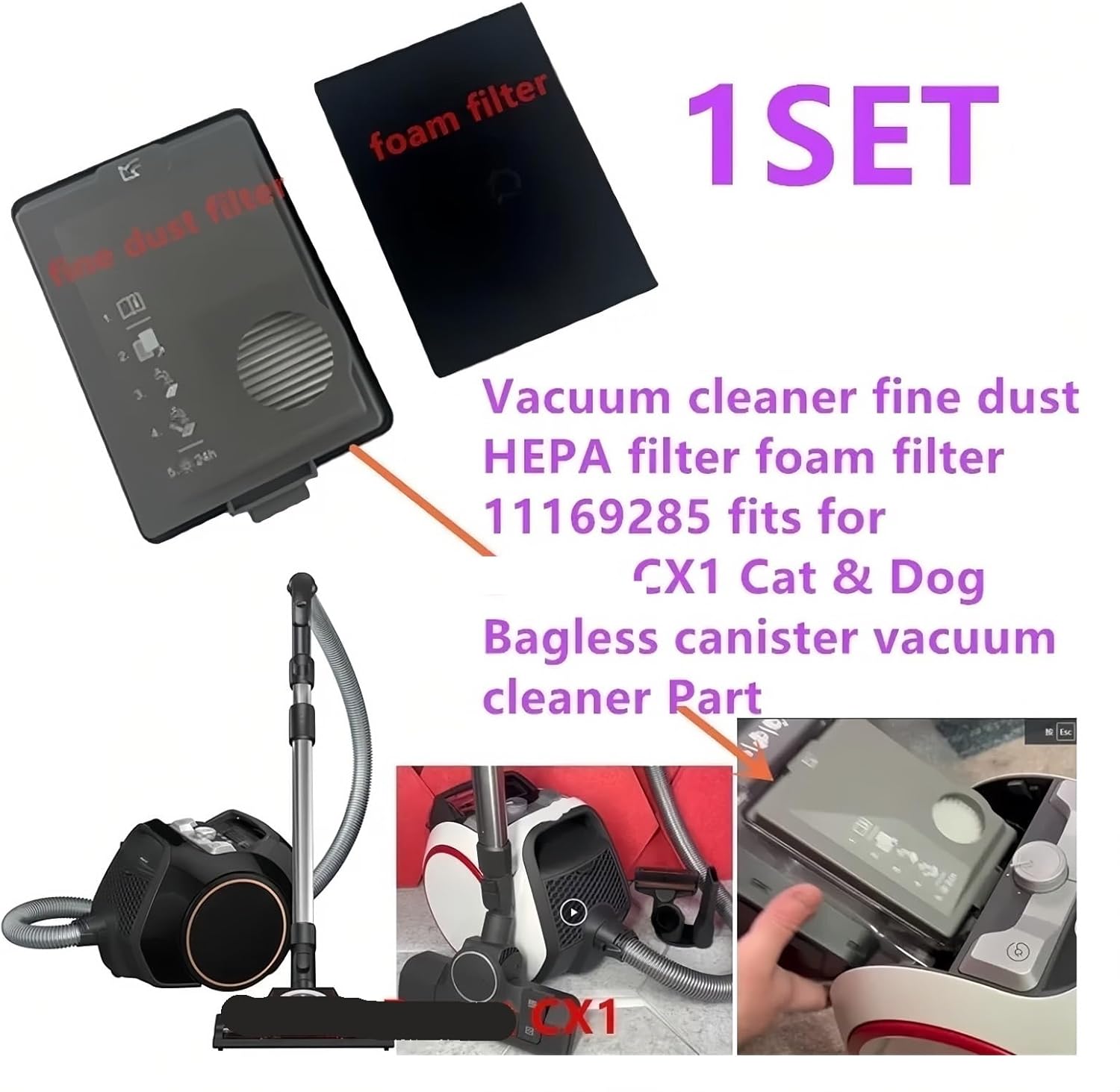 Handheld Vacuum Cleaner Fine Dust HEPA Filter Foam Filter 11169285-1. Compatible with Miele Boost CX1 Cat & Dog Bagless Canister Vacuum