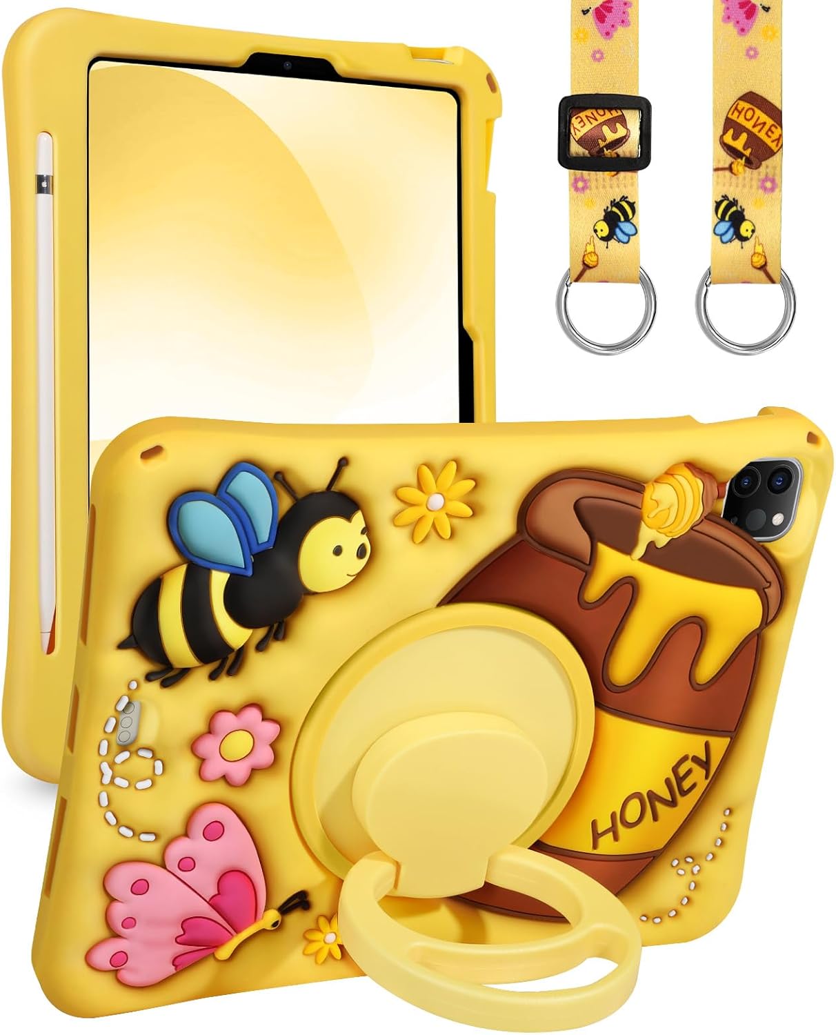Boaretiu for iPad 9th/8th/7th Generation Case - Cute Cartoon with Shoulder Strap & Rotating Stand & Pencil Holder for Girls Boys Teens Soft Silicone Yellow 10.2 Inch Protective Case 2021/2020/2019