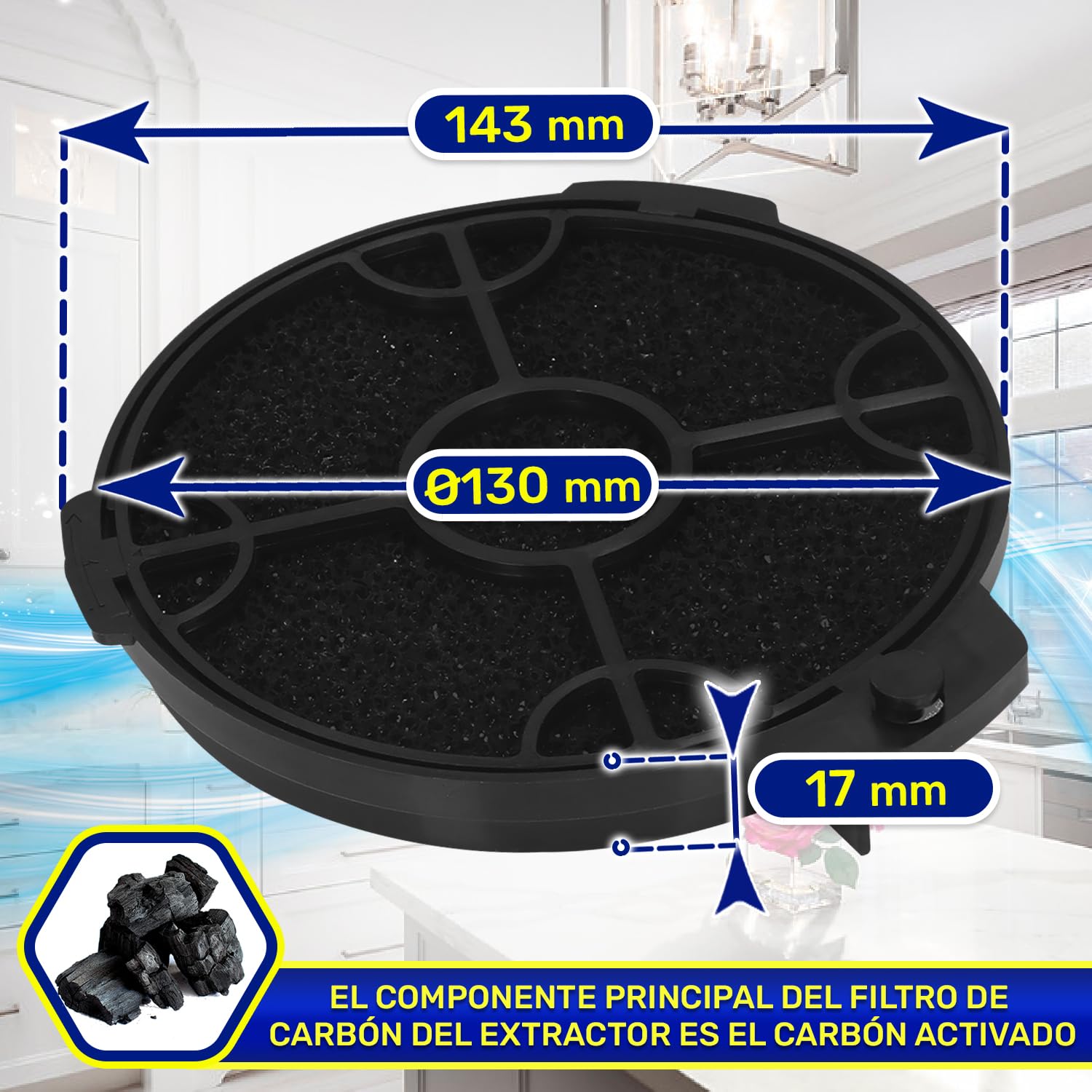 2 Piezas Filtros Carbon Campana Extractora Ø130 mm ART00801 para B&Q | 02859394 para B&Q para Cata para Cooke & Lewis para Designair para Elica para MyAppliances - MONTERAL