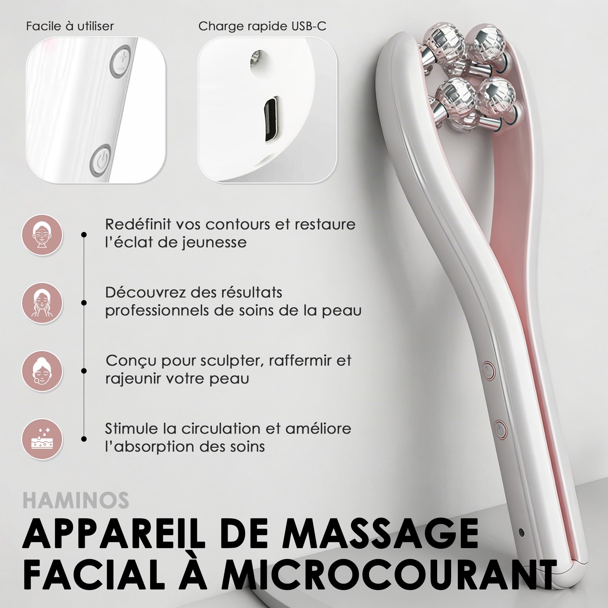 Masseur Visage Microcourant avec Roller 3D, 3 Niveaux d’Intensité, Appareil Massage Visage pour Lifting, Contour du Visage, Cou, Bras et Jambes, UTILISATION OBLIGATOIRE AVEC LE SÉRUM