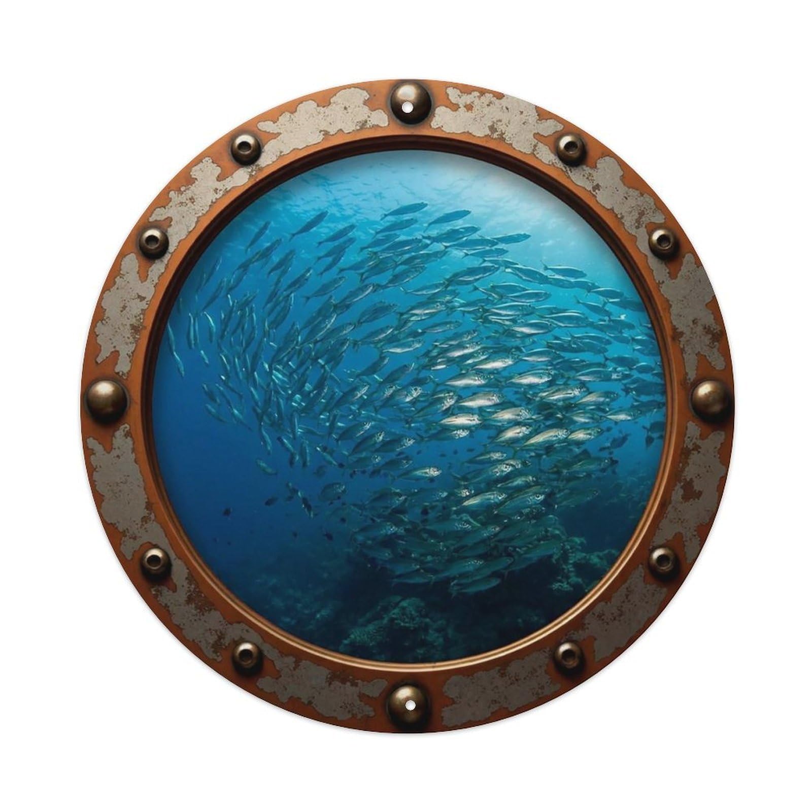 Gead 8X8inch Style Vintage Porthole School Of Fish Nautical Window View Metal Tin Sign