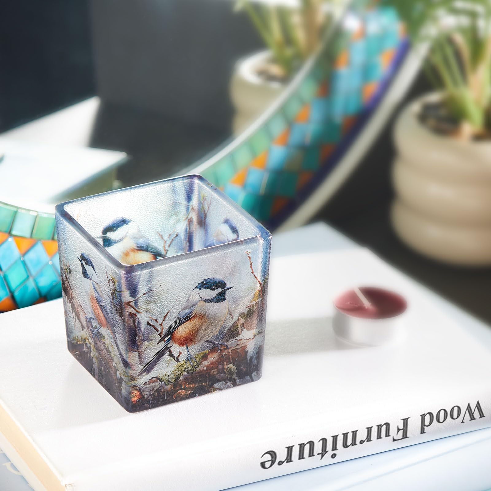 Wotywny świecznik na podgrzewacze, kwadratowy szklany wazon do dekoracji stołu, wielofunkcyjny szklany kubek do dekoracji stołu, 7,9 x 7,9 x 7,9 cm, ptak na gałęzi
