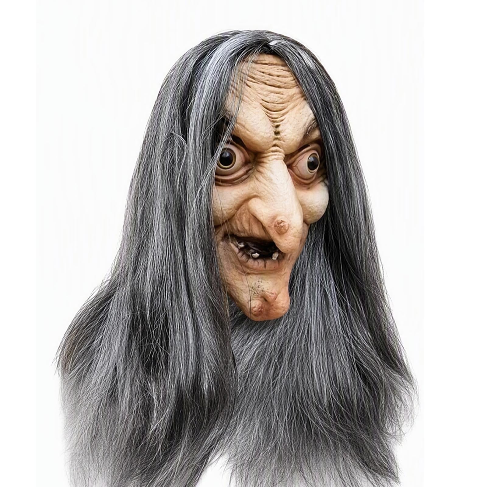 AONAT Halloween Mask Old Witch Mask with Long Hair,Realistic Full Face Latex Witch Mask for Adults, Scary Horror Mask for Halloween Costume,Fancy Dress,Cosplay,Carnival,Party Costume Accessories