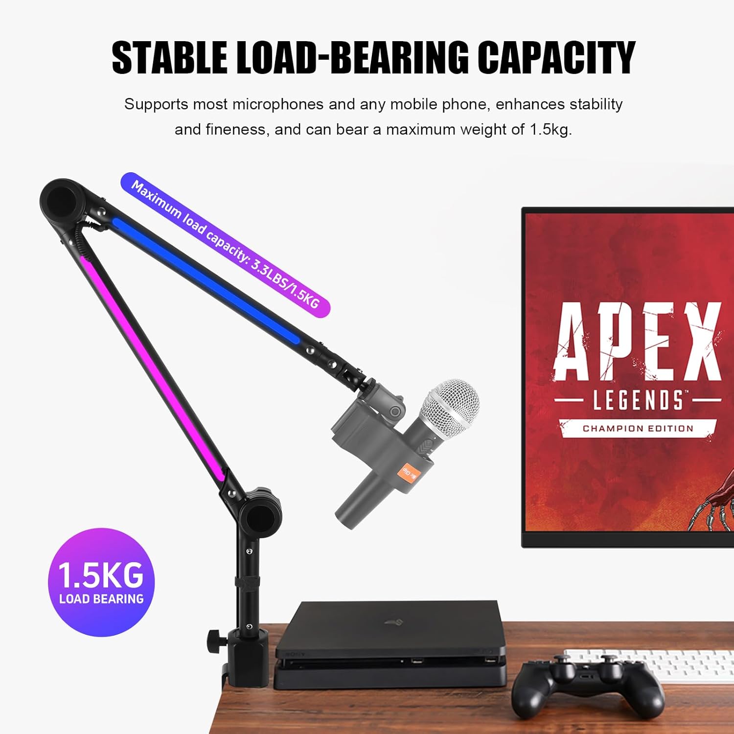 ST3 Microphone stand arm holder boom desk arm mic holder, with microphone upgraded clip, Suitable for 2 kg microphone (Black) (ST3-1)