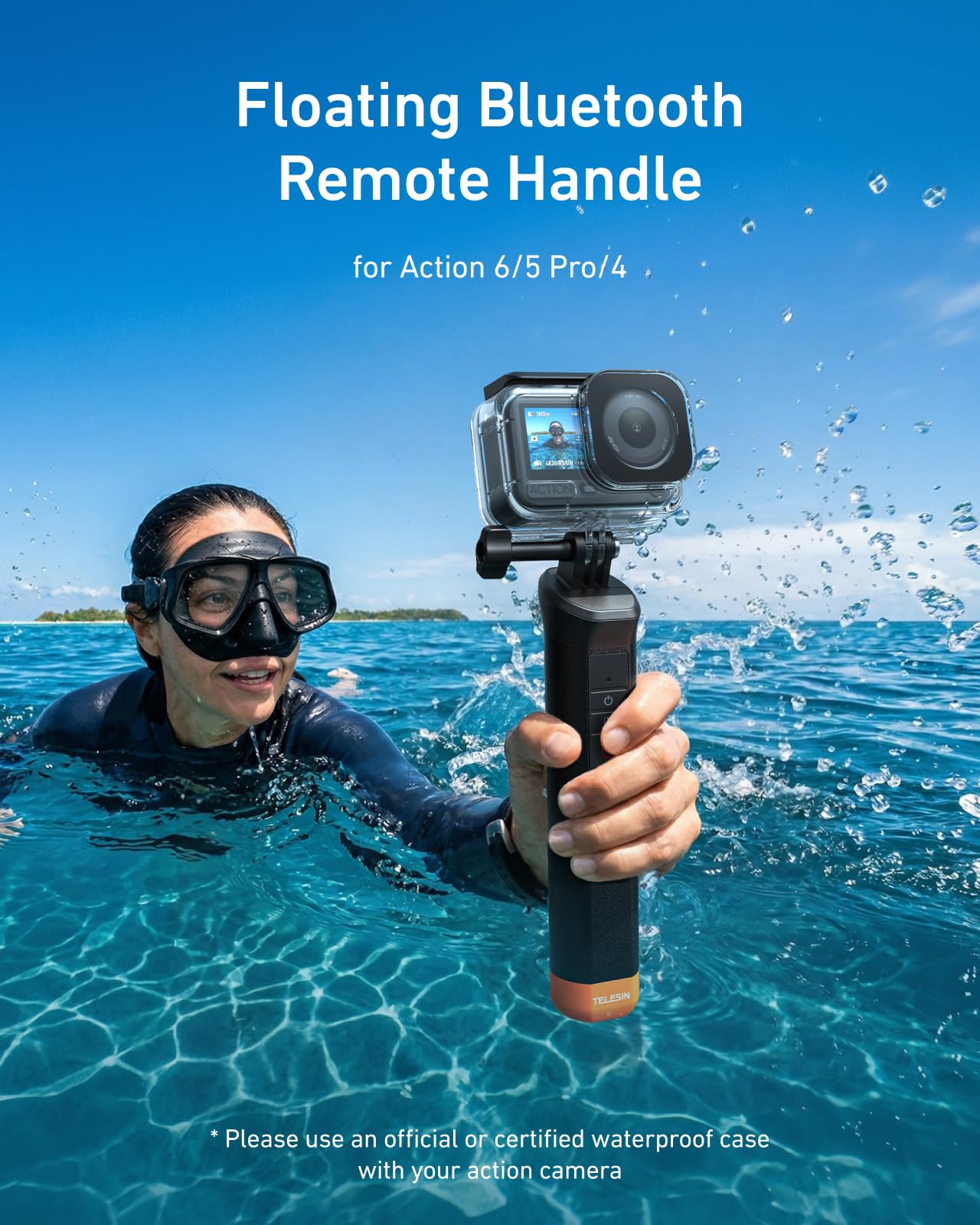 TELESIN Schwimmender Handgriff Selfie-Stick mit kabelloser Bluetooth-Fernbedienung, IP68 wasserfester Haltegriff für DJI Osmo Action 6 5 Pro 4, praktisches Montagezubehör für DJI Osmo Action Kameras