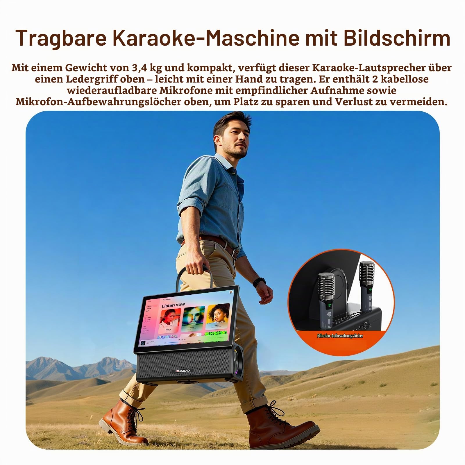 Tragbare Karaoke-Maschine mit 14,1-Zoll-HD-Drehbildschirm, kabelloser Bildschirmspiegelung für Android und iOS, Bluetooth-Party-Lautsprecher mit Liedtextanzeige und Beleuchtung, 2 Mikrofone