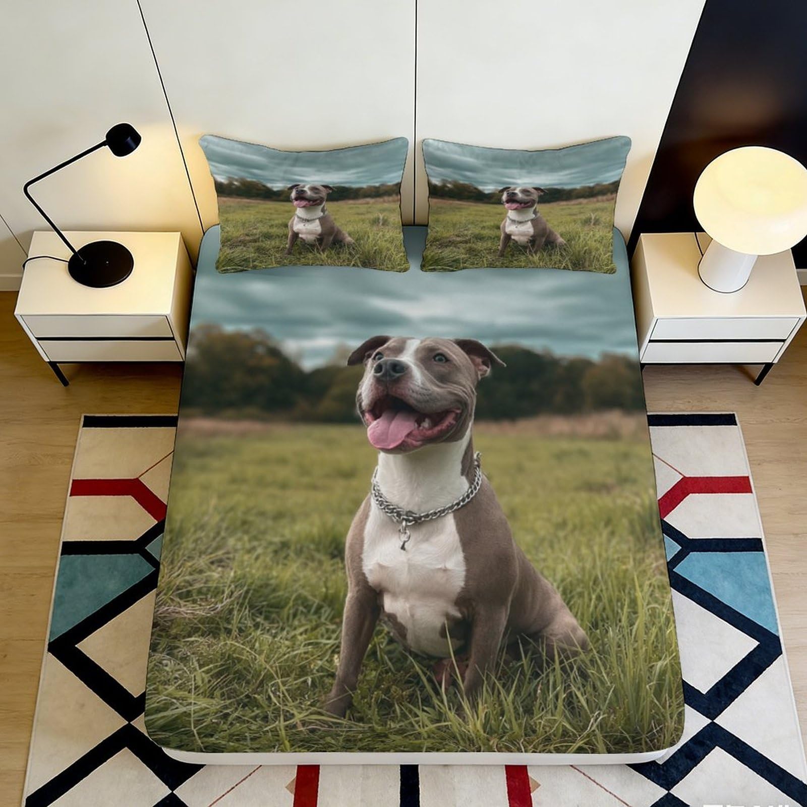 3D Printed Happy Dog Fitted Sheet Microfiber Soft Breathable Smiling Pitbull Mattress Cover for Bedroom Dormitory Guest Room Protection Decor 140x200x25cm