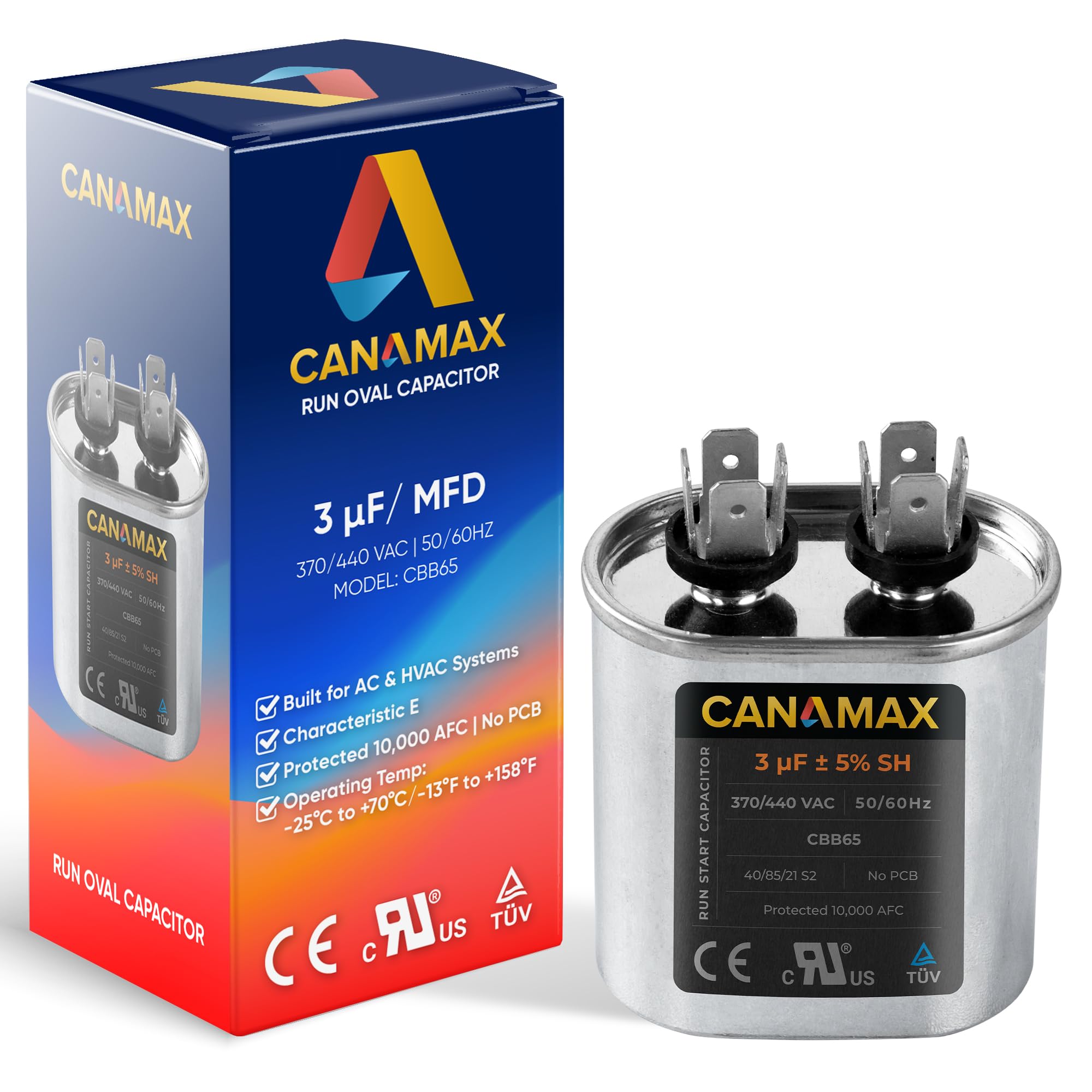3 uF 3 MFD 50/60 Hz 370-440 VAC (3~80 uF Options Available) Volts Oval Start Capacitor - Compatible with AC Motor Run or Fan Start and Cool or Heat Pump Air Conditioner - C403 C403L C303 12027 4X425A