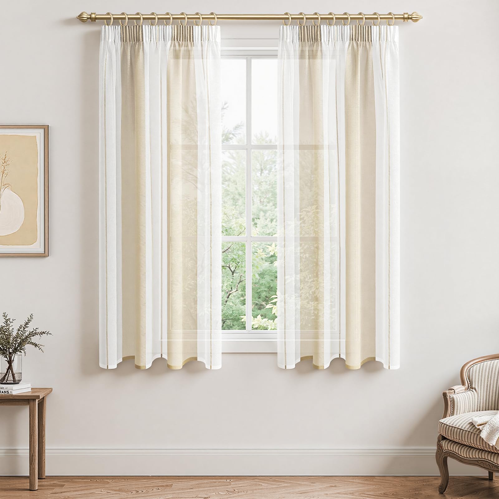 MRTREES Gardinen Modern Kurz Vorhänge beige und Weiß Streifen Vorhänge 145cm Lang für Wohnzimmer und Schlafzimmer 2 Set