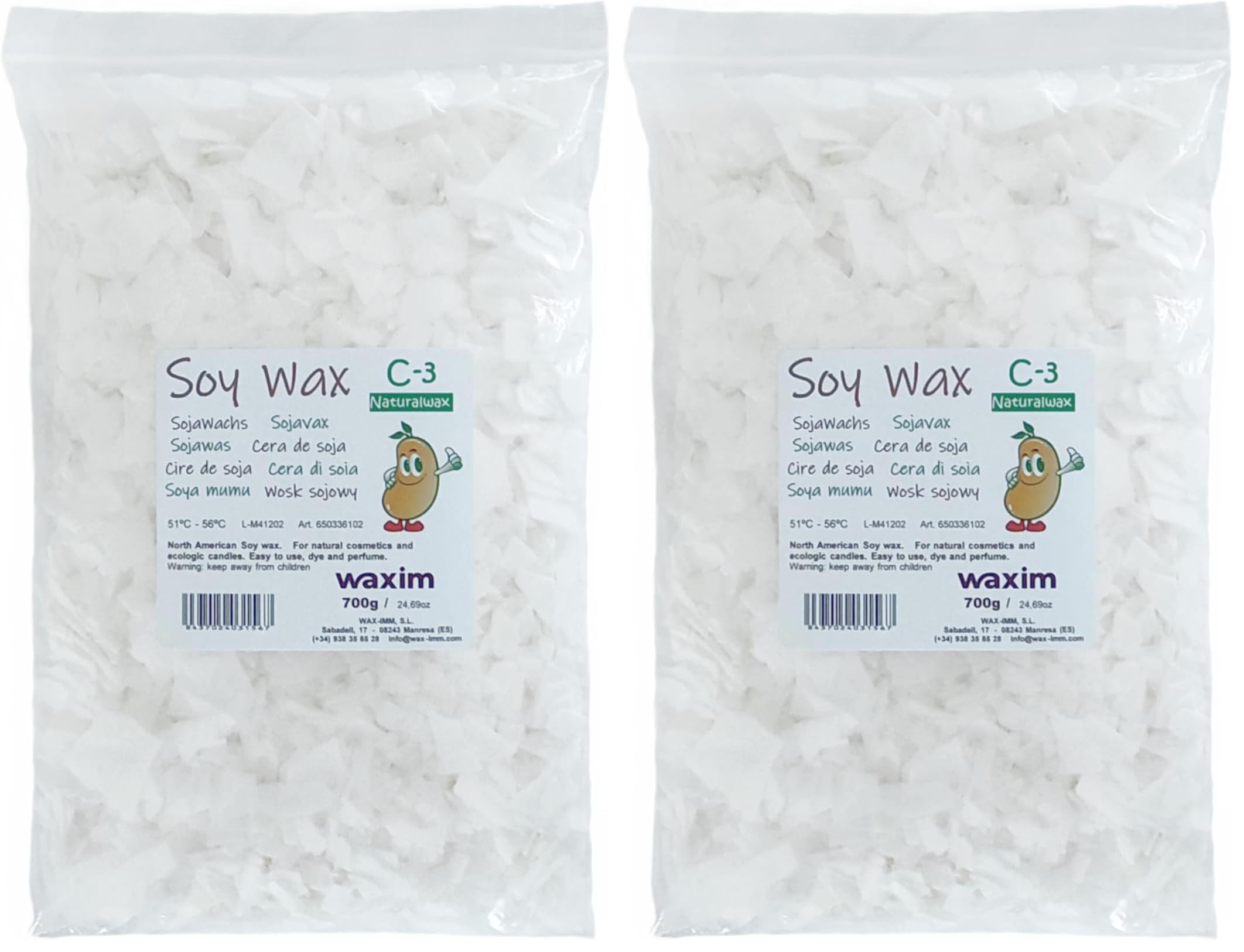WAXIM. Cera di soia NATURE C-3 per candele ecologiche 700gr in fiocchi. Naturale, vegetale, vegana, sostenibile, organica. (Confezione da 2)