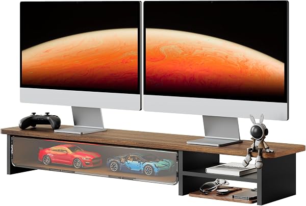 Fenge Podnośnik monitora, z miejscem do przechowywania, 108 cm, brązowy | Podwójny stojak na monitor, półka na biurko, d