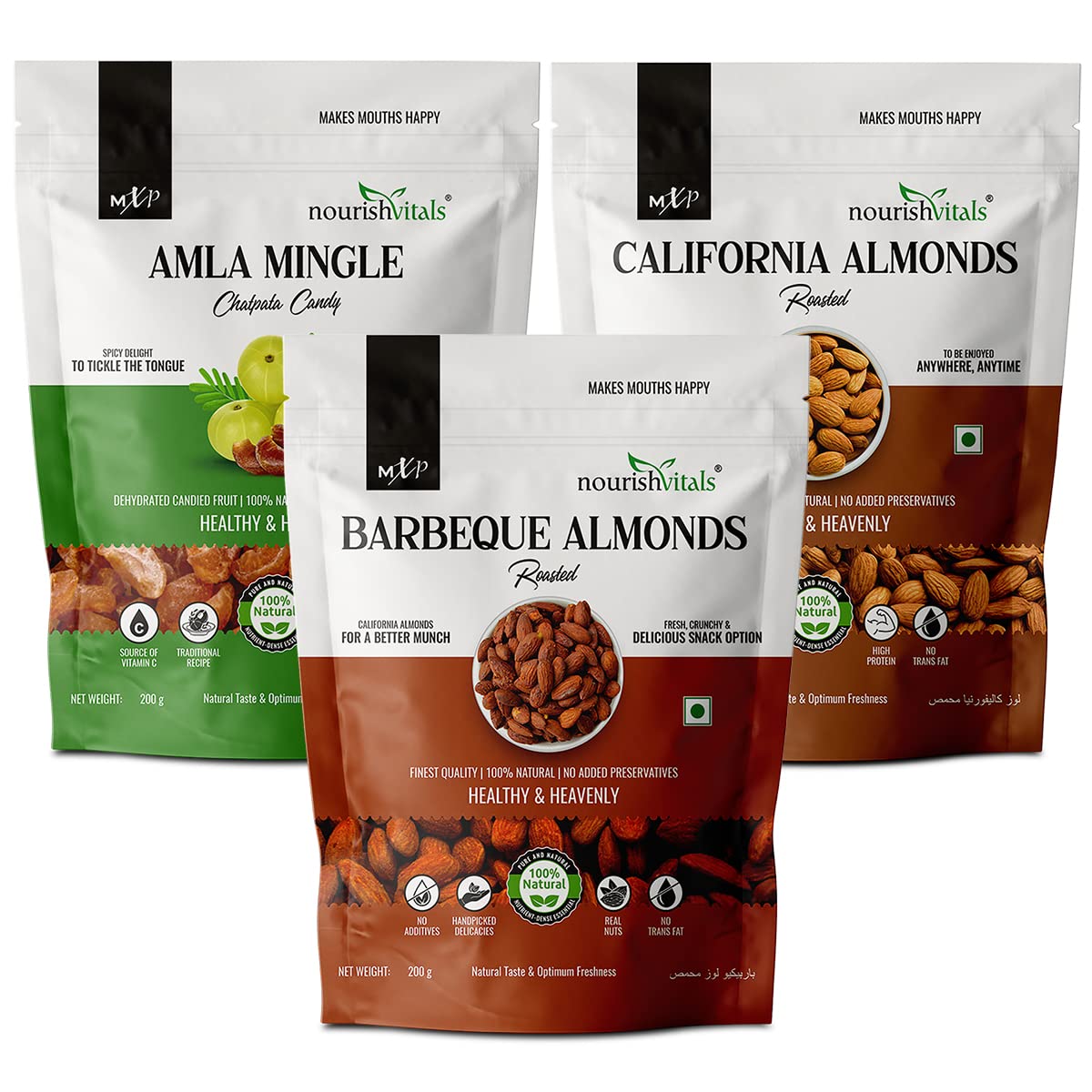 NourishVitals Healthy Munching Combo | Chatpata Amla Mingle Candy + Barbeque Roasted Almonds + California Roasted Almonds, 200gm Each