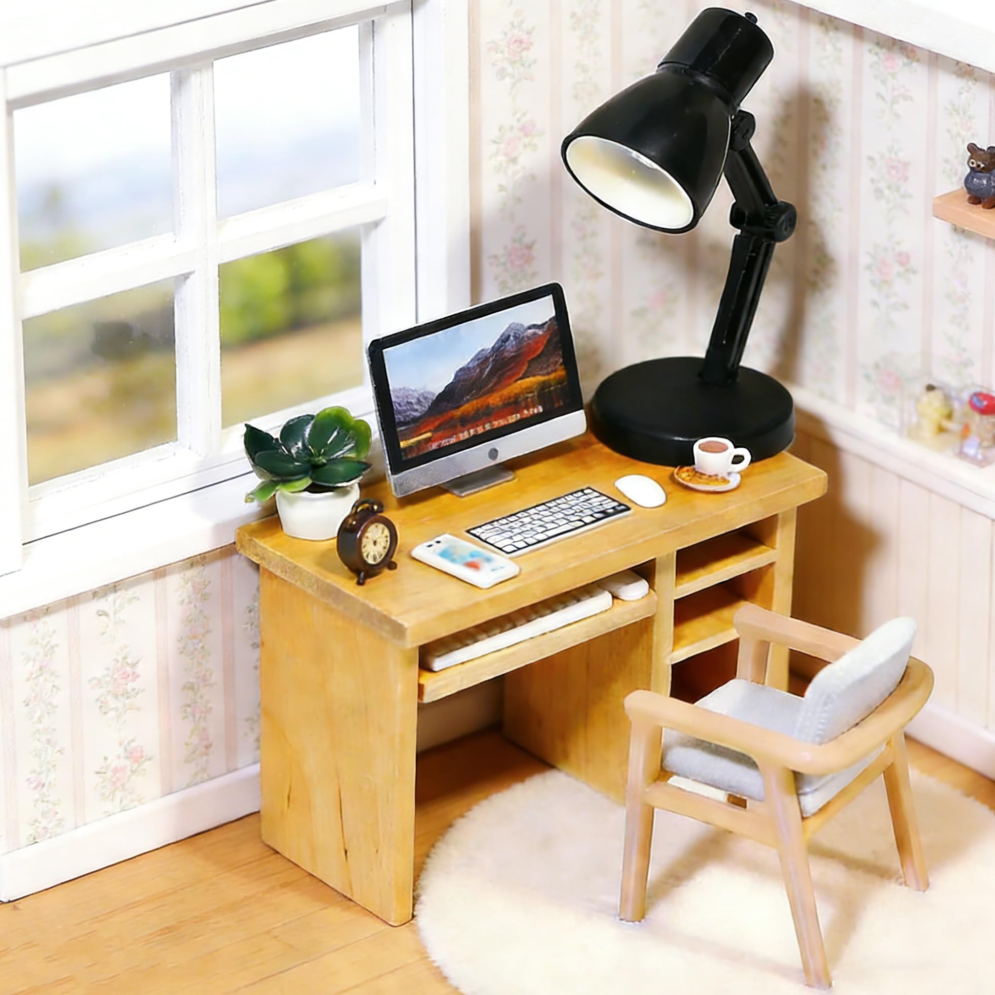 Hiawbon 11PCS 1:12 Scale Miniature Office Furniture Set, Miniature Office Table and Chair, Mini Simulation Desktop Computer with Mouse Keyboard Model