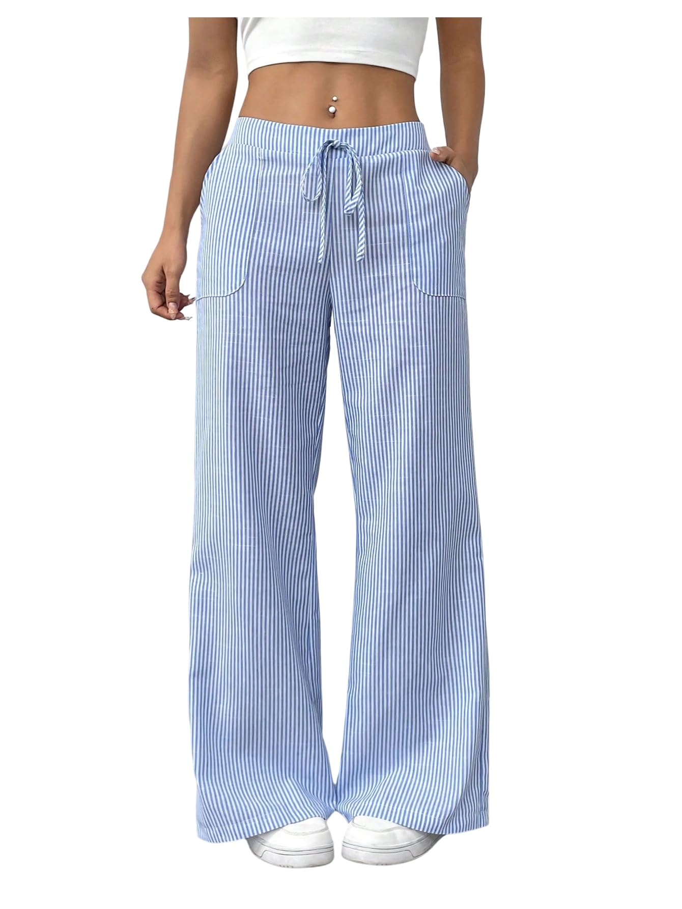 SOLY HUX Womens Striped Wide Leg Pants Drawstring Elastic Waist Baggy Dressy Casual Trousers with Pockets