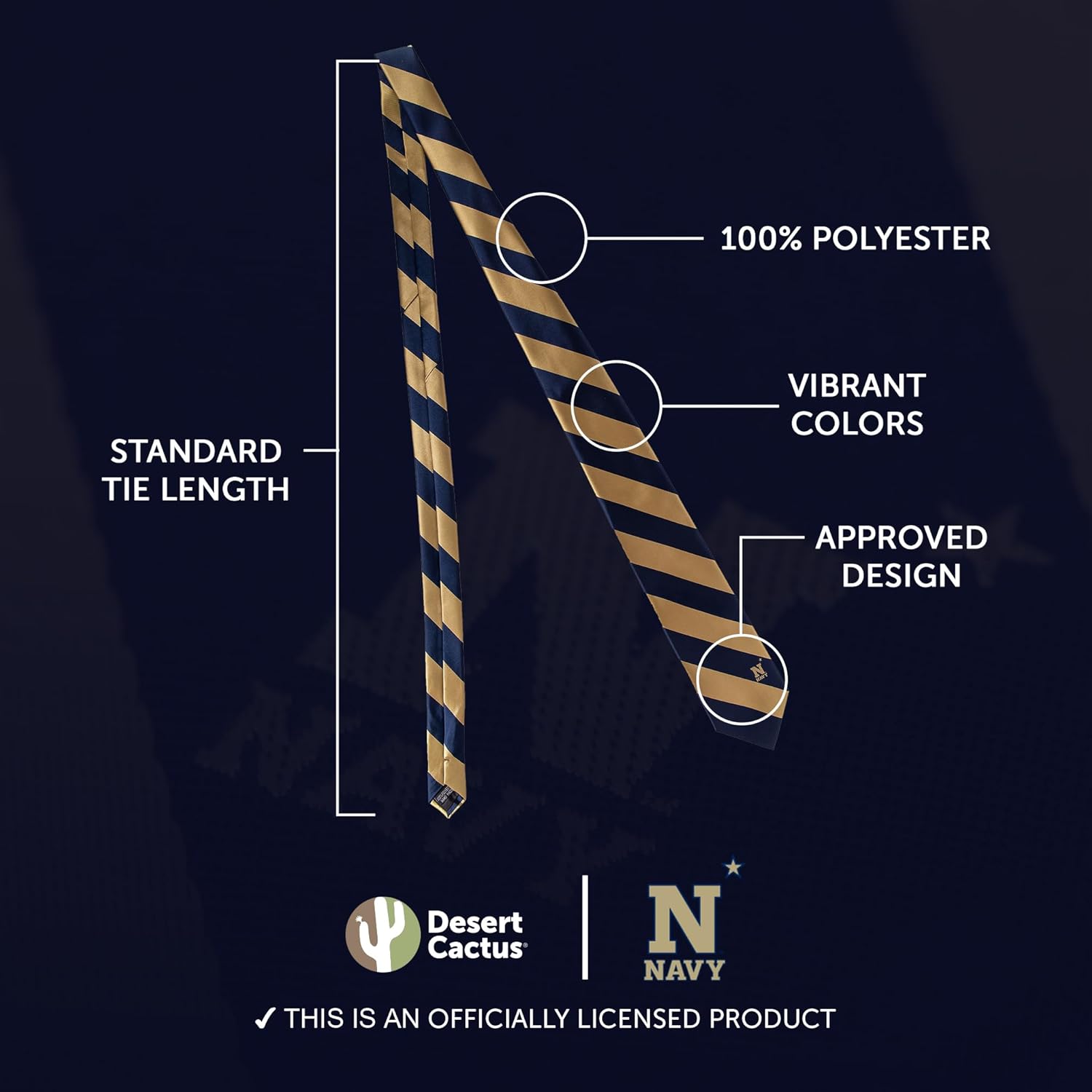 Desert Cactus United States Naval Academy Neck Tie USNA Midshipmen 100% Polyester Necktie with Logo, Officially Licensed - Image 3
