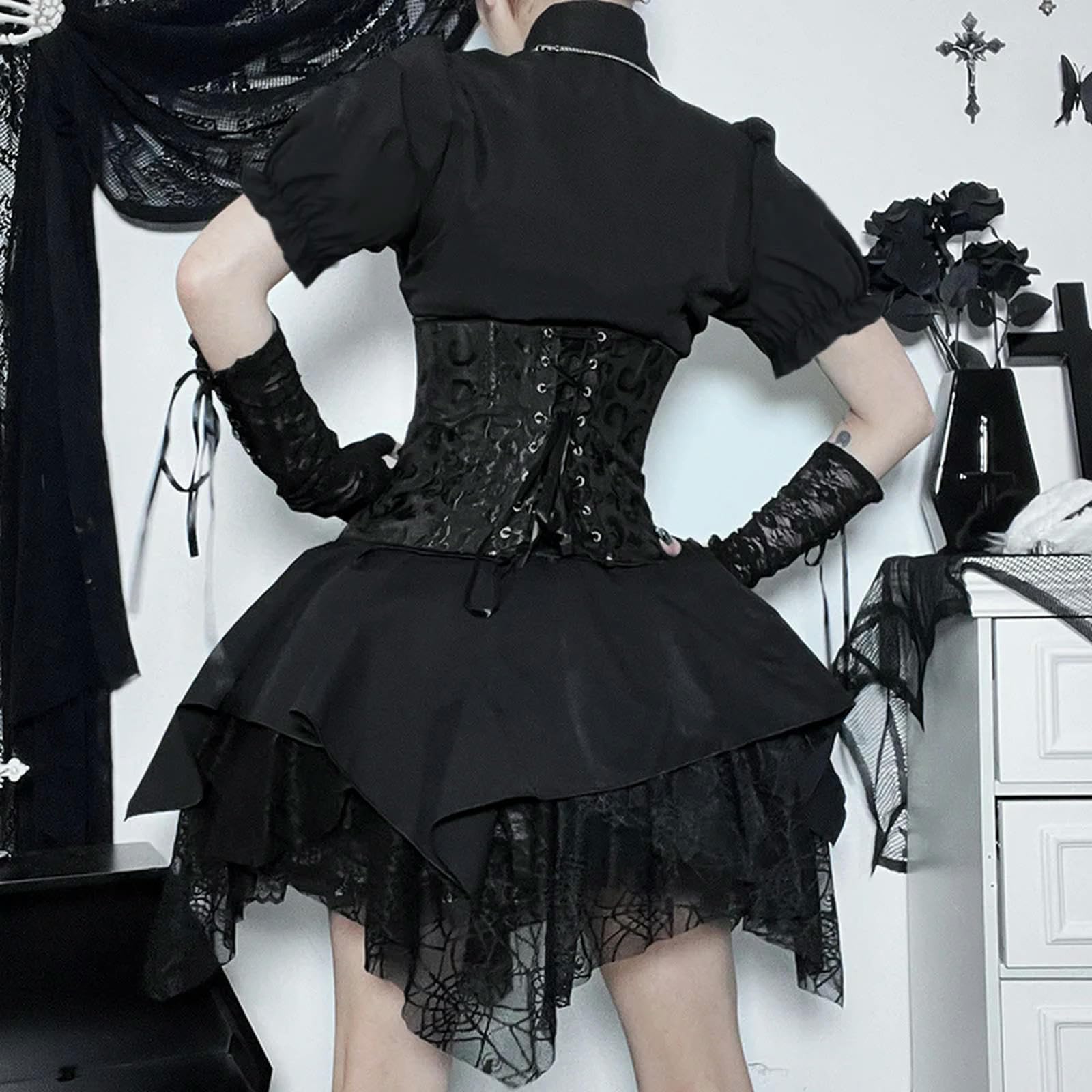Gonne a Trapezio in Pizzo Nero Gotico per Donna Gonna Estiva Lolita Abiti gotici Streetwear Anni '90-Nero-M