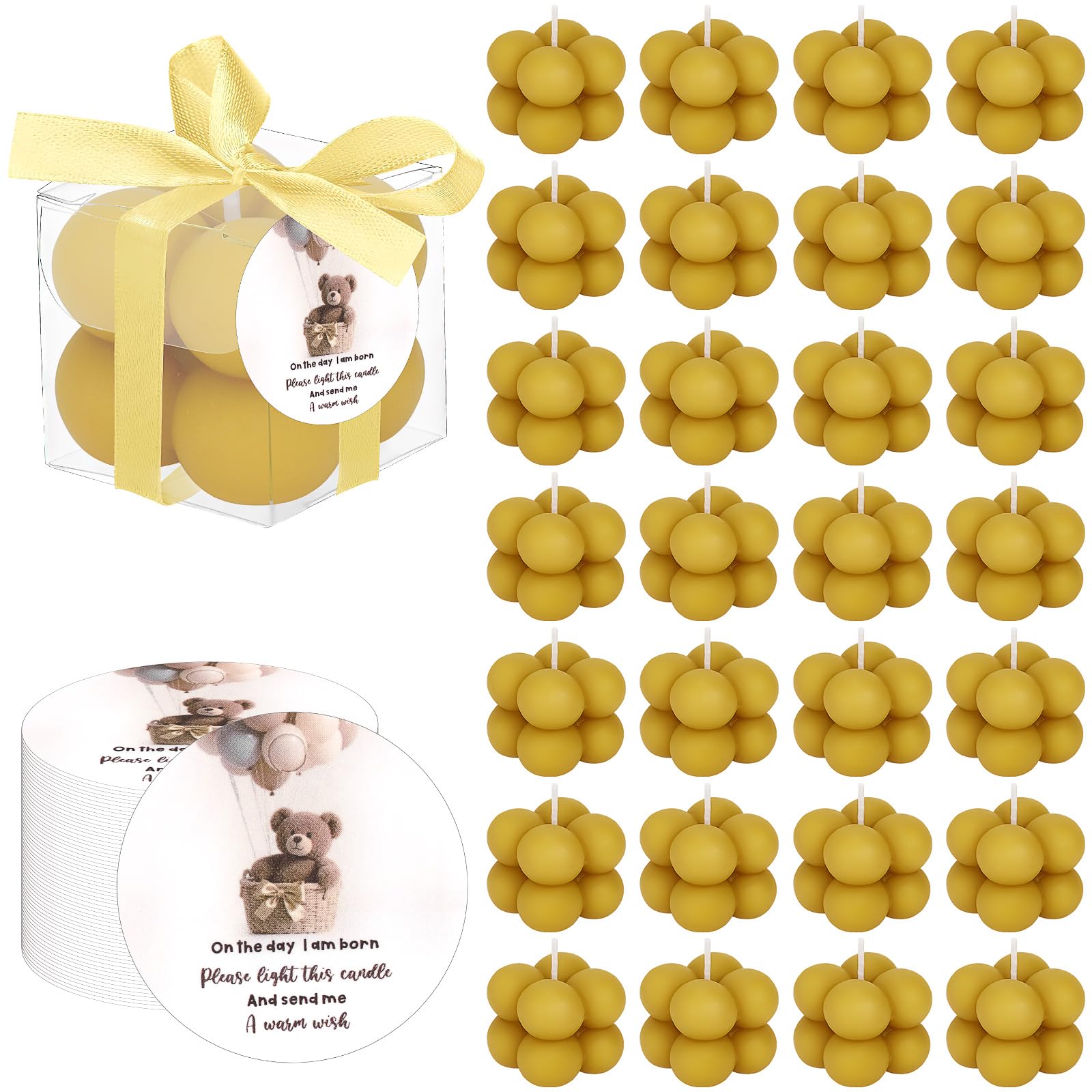 30 juegos de velas de oso para baby shower, velas pequeñas de burbujas, recuerdos de baby shower para invitados, velas de té a granel con elegantes cintas, tarjetas, regalos, decoración de fiesta