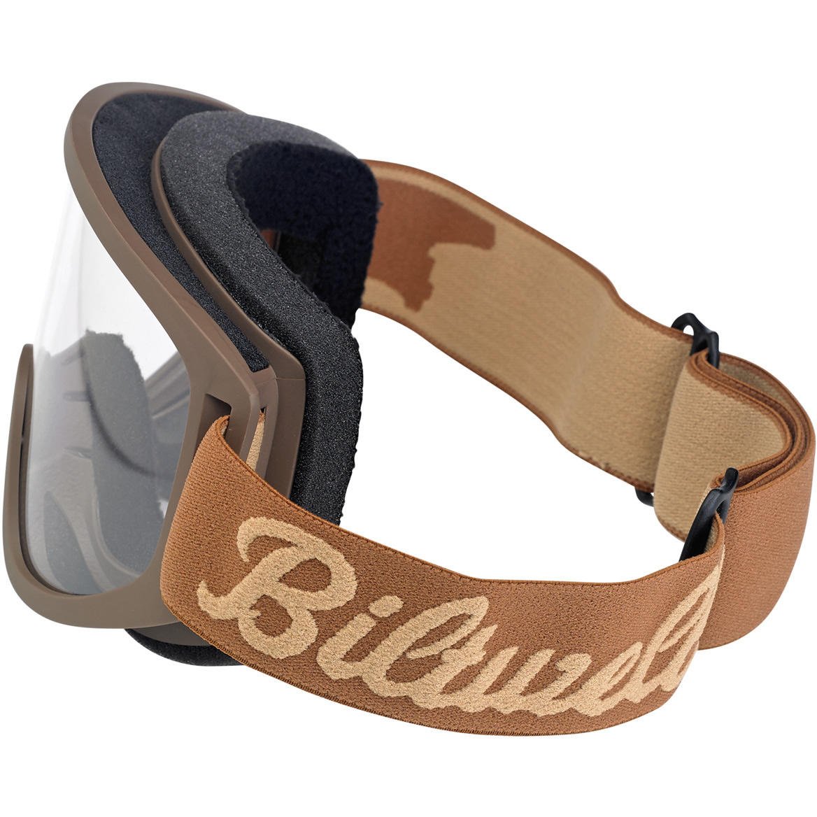 Occhiali Goggle Biltwell Moto 2.0 Script Chocolate/Sand Marrone Sabbia Lente Trasparente Fascia Elastica Stile Cafè Racer Biker