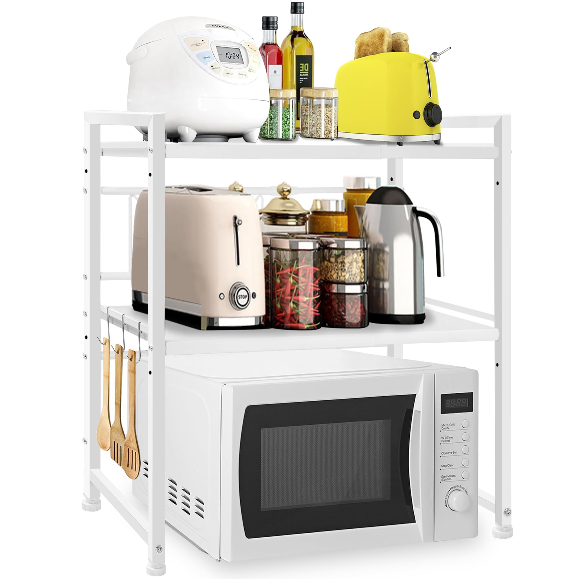 OUUTMEE Estante extensible para microondas, estante de microondas de acero al carbono, altura ajustable, organizador de mesa de cocina plegable para tostadora (blanco de 3 niveles)