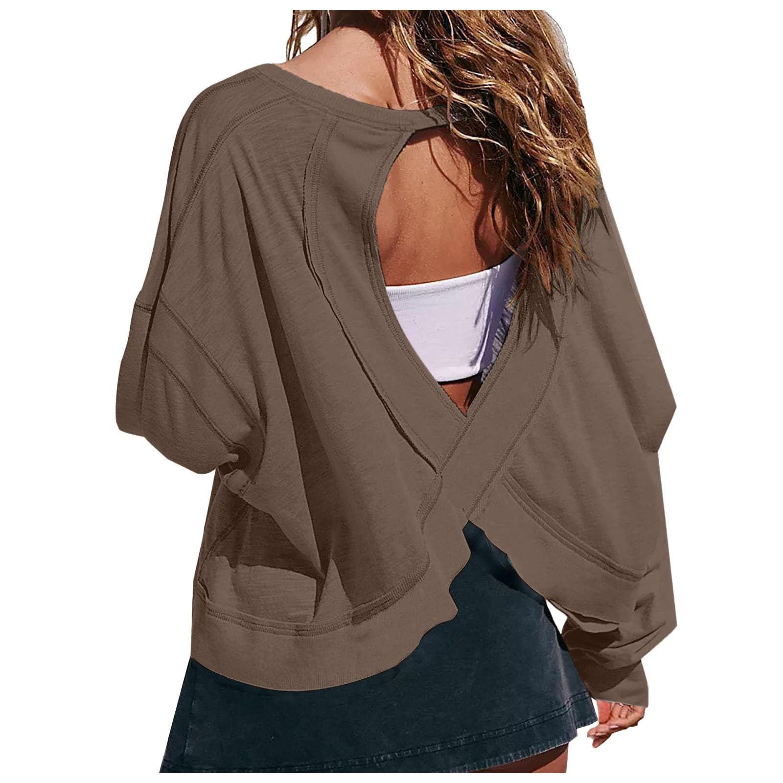 Workout-Tops mit offenem Rücken für Frauen, Baggy, langärmelig, sportliches T-Shirt, rückenfrei, Rundhalsausschnitt, Fitnessstudio, Laufen, Yoga, bauchfreie Tops Shirt Damen Sexy Elegant (Coffee, L)