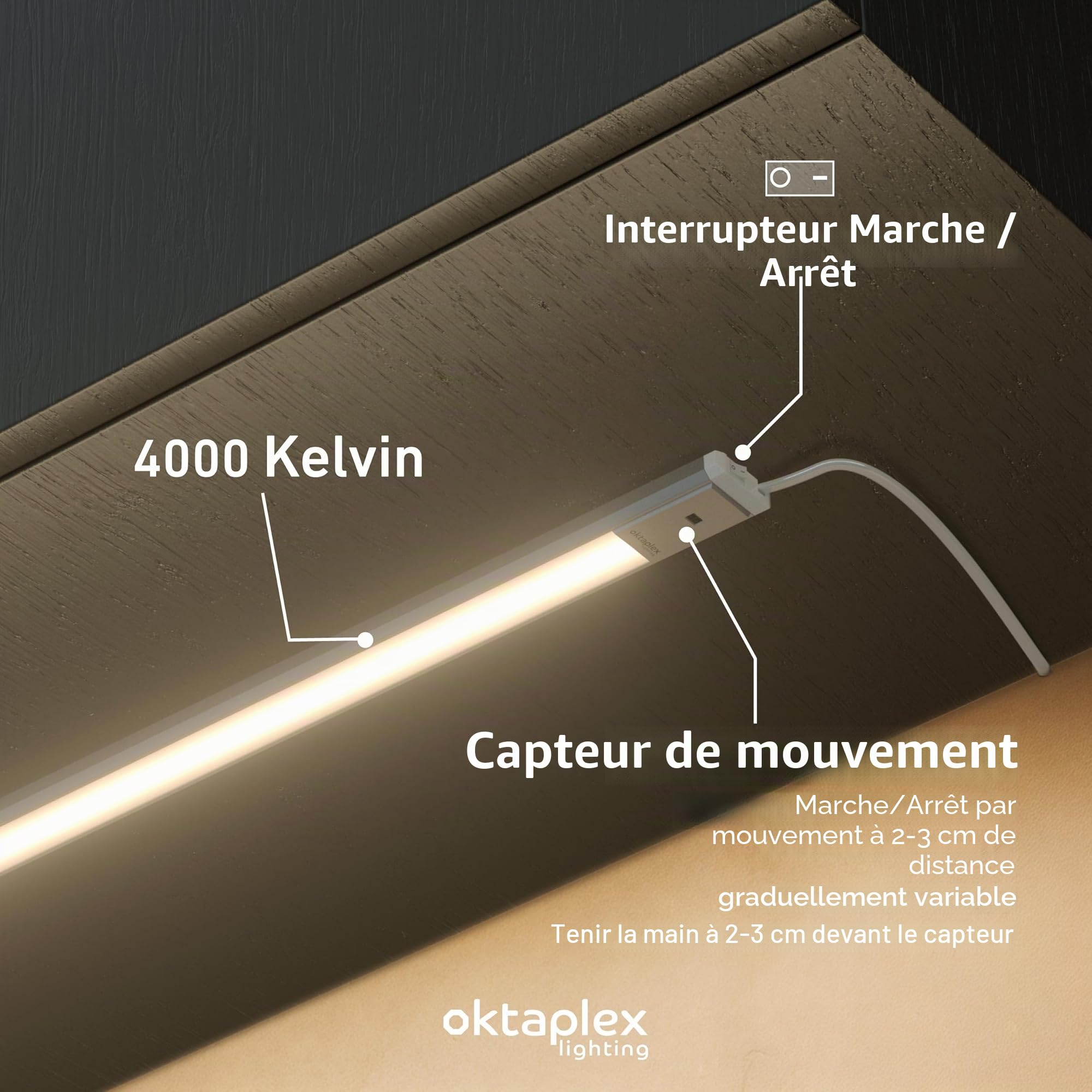 Oktaplex lot de 1 Riva réglette LED cuisine 90 cm avec capteur | 9.9 W avec 760 lm en blanc neutre 4000K sur 230V, aluminium, variation gestuelle