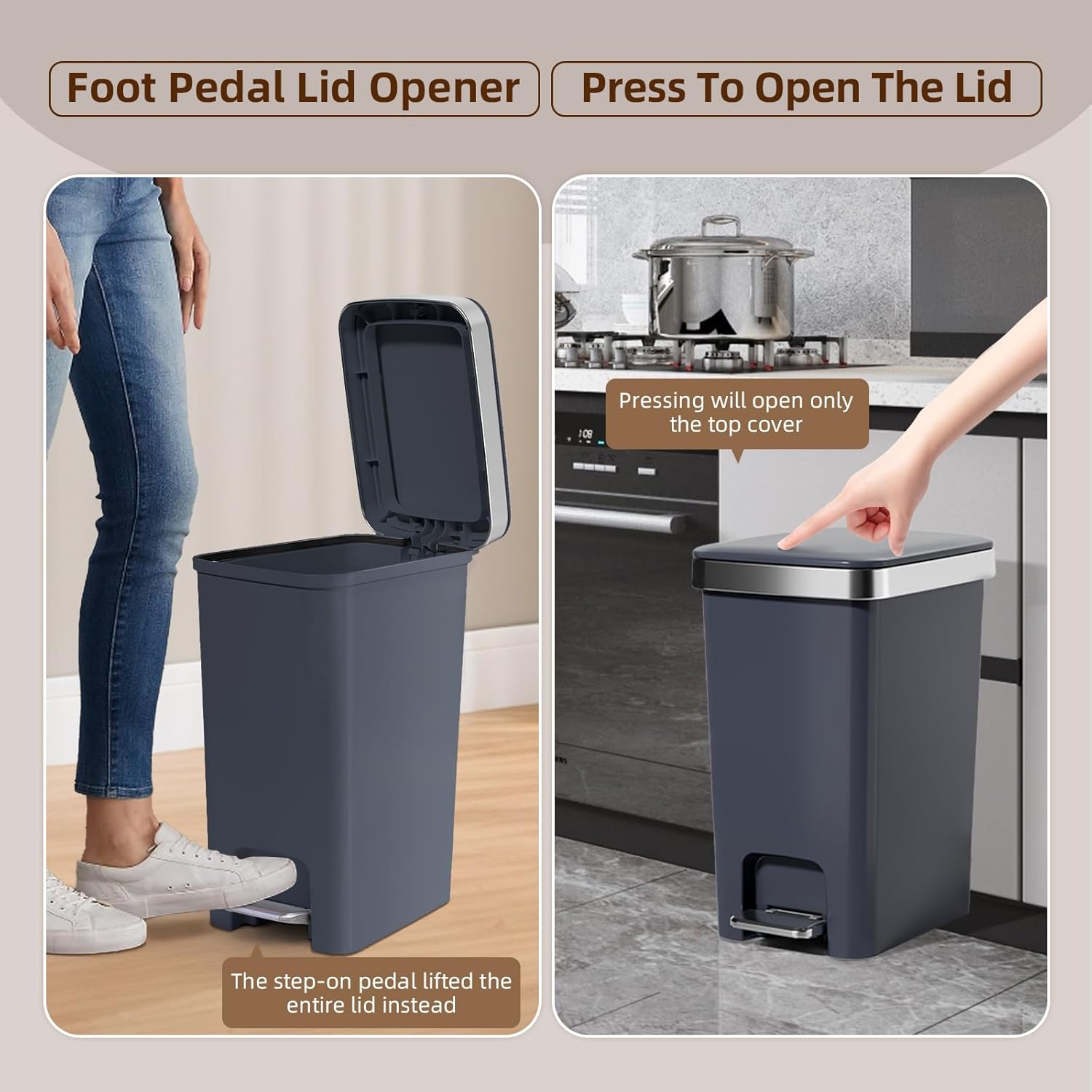 TODAYGO Rectangular Kitchen Step Trash Can with Soft-Close Lid, Gray Plastic Slim with Foot Pedal – Waste Baskets with Lids 4 Gallons, Step-On for Bathroom, Small Trash Can with Lids