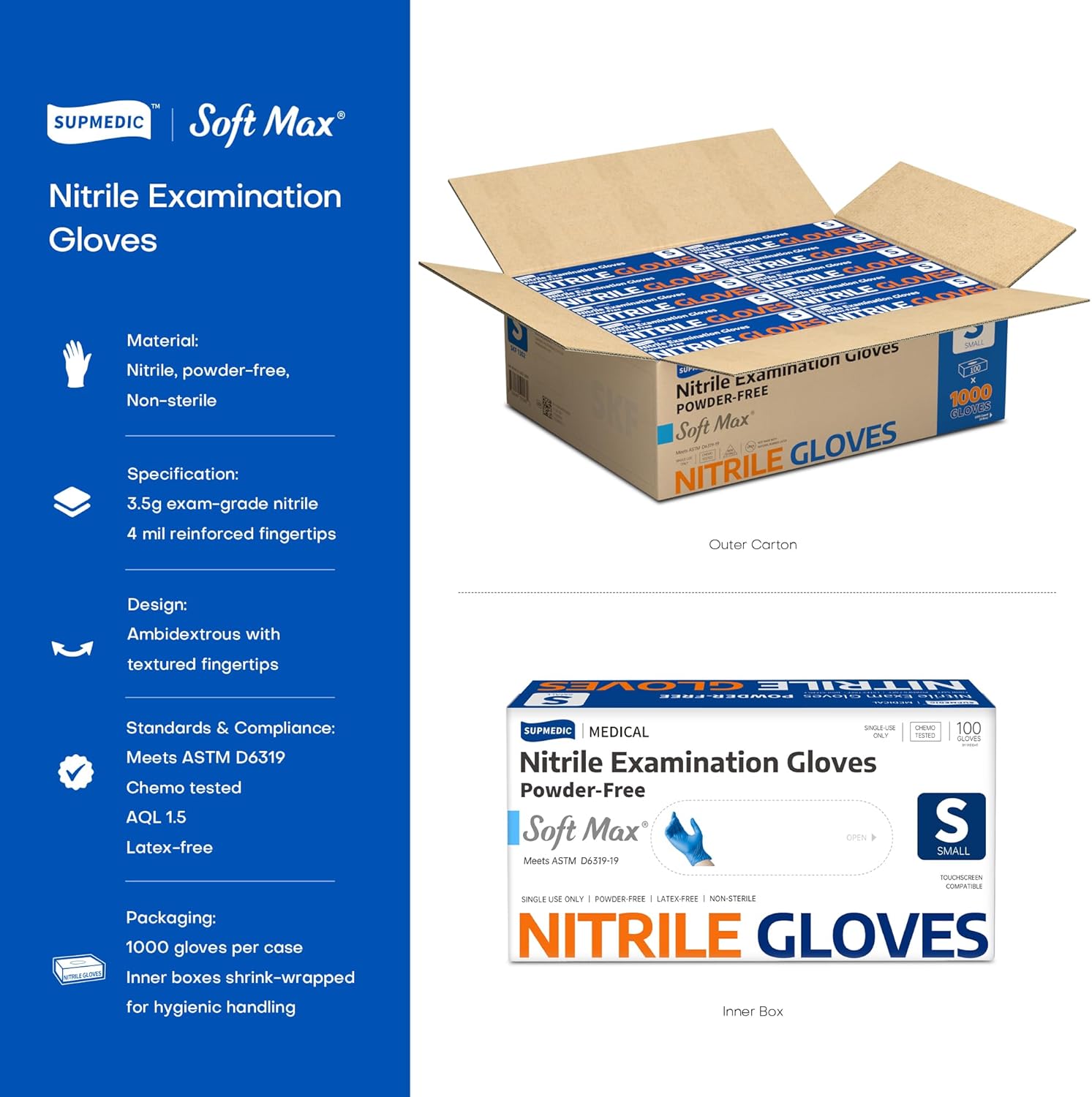Supmedic Medical Soft Max™ Nitrile Exam Gloves, 1000 Pcs Latex-Free Powder-Free Food Safe Clean Cooking Disposable Glove Blue