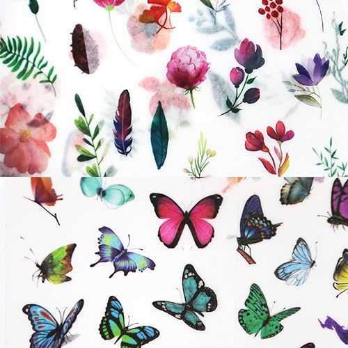 Miniatura 8 de Juego de 48 hojas de calcomanías de planificación, flores y mariposas, colección de calcomanías adhesivas decorativas para álbumes de recortes,